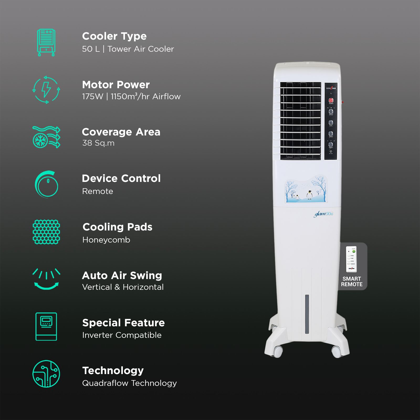 KENSTAR Glam HC RE 50 Litres Tower Air Cooler with Quadraflow Technology (Inverter Compatible, White)_3