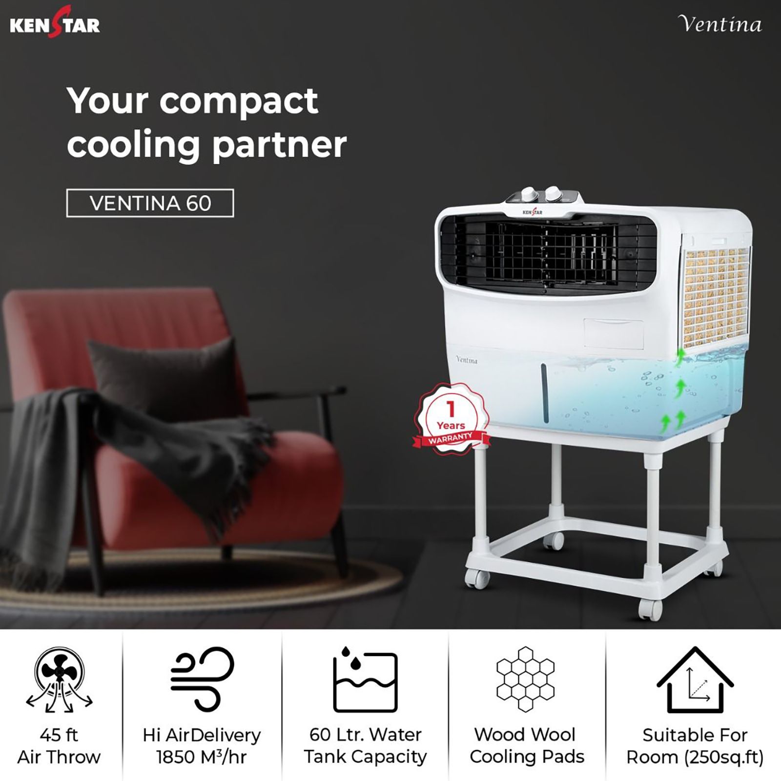 KENSTAR VENTINA 60 Litres Window Air Cooler (Wood Wool Technology, KCLVTNWH060BMW-EGM, White)_2