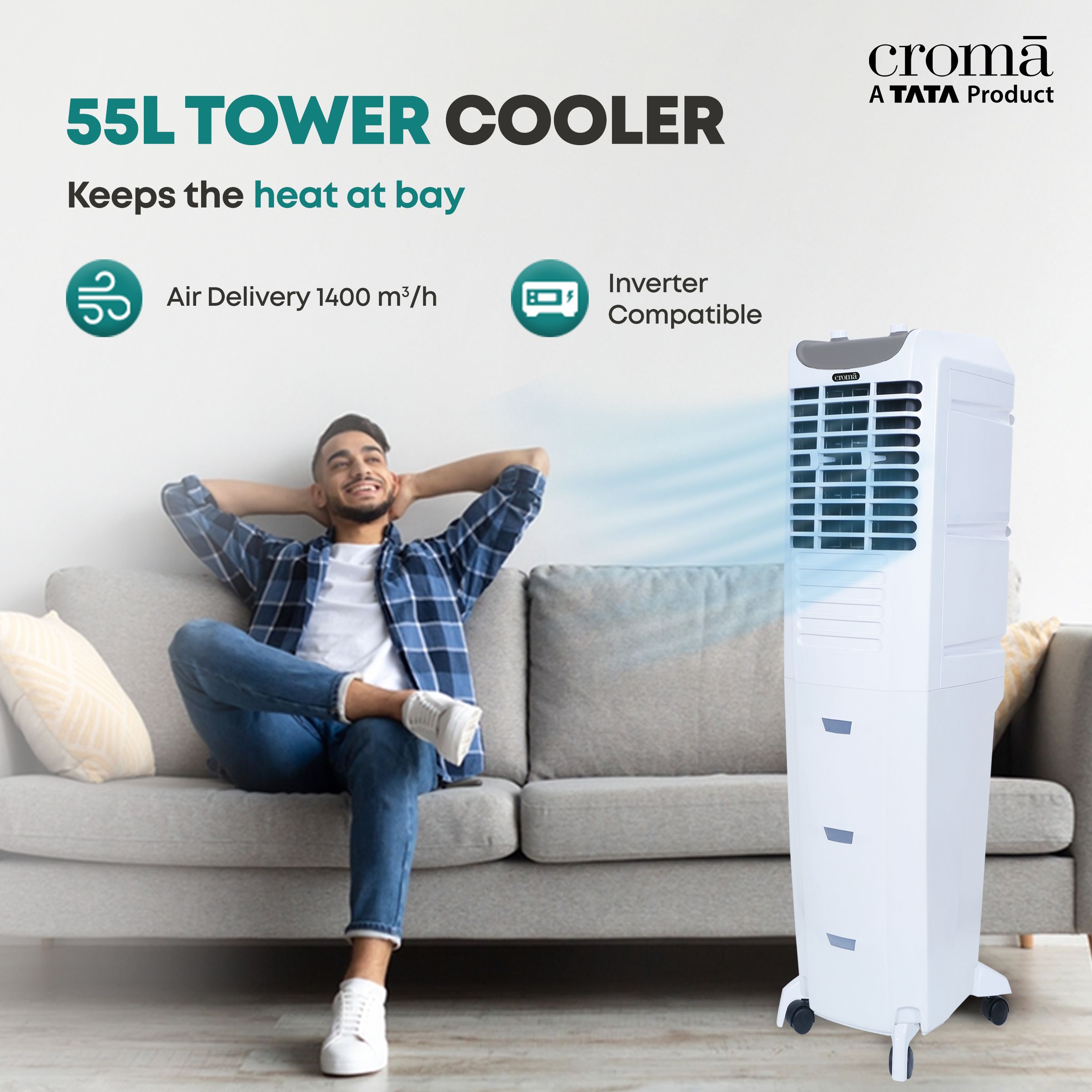 Croma 55 Litres Tower Air Cooler (Anti-bacterial Honeycomb Pad & Tank, White & Grey)_12