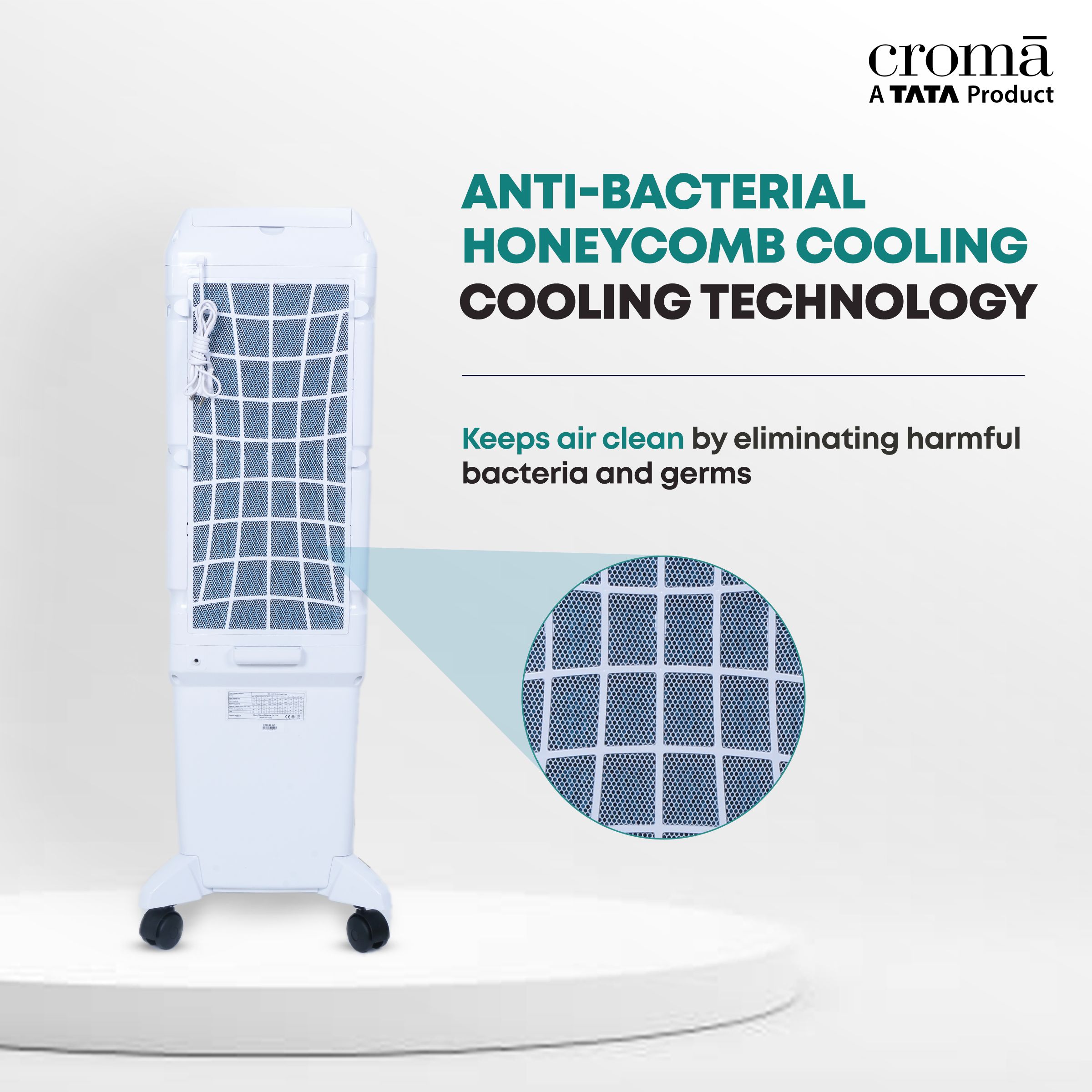 Croma 55 Litres Tower Air Cooler (Anti-bacterial Honeycomb Pad & Tank, White & Grey)_8