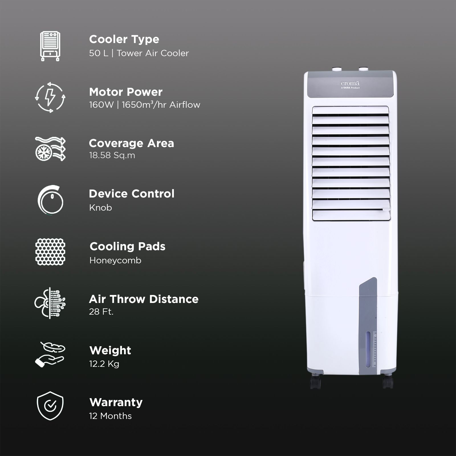 Croma 50 Litres Tower Air Cooler with Inverter Compatible (Ice Chamber, White & Grey) Croma 50 Litres Tower Air Cooler with Inverter Compatible (Ice Chamber, White & Grey)_3