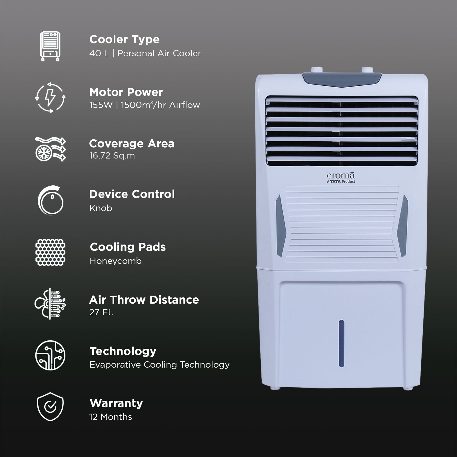 Croma 40 Litres Personal Air Cooler with Inverter Compatible (Ice Chamber, White & Grey)_3