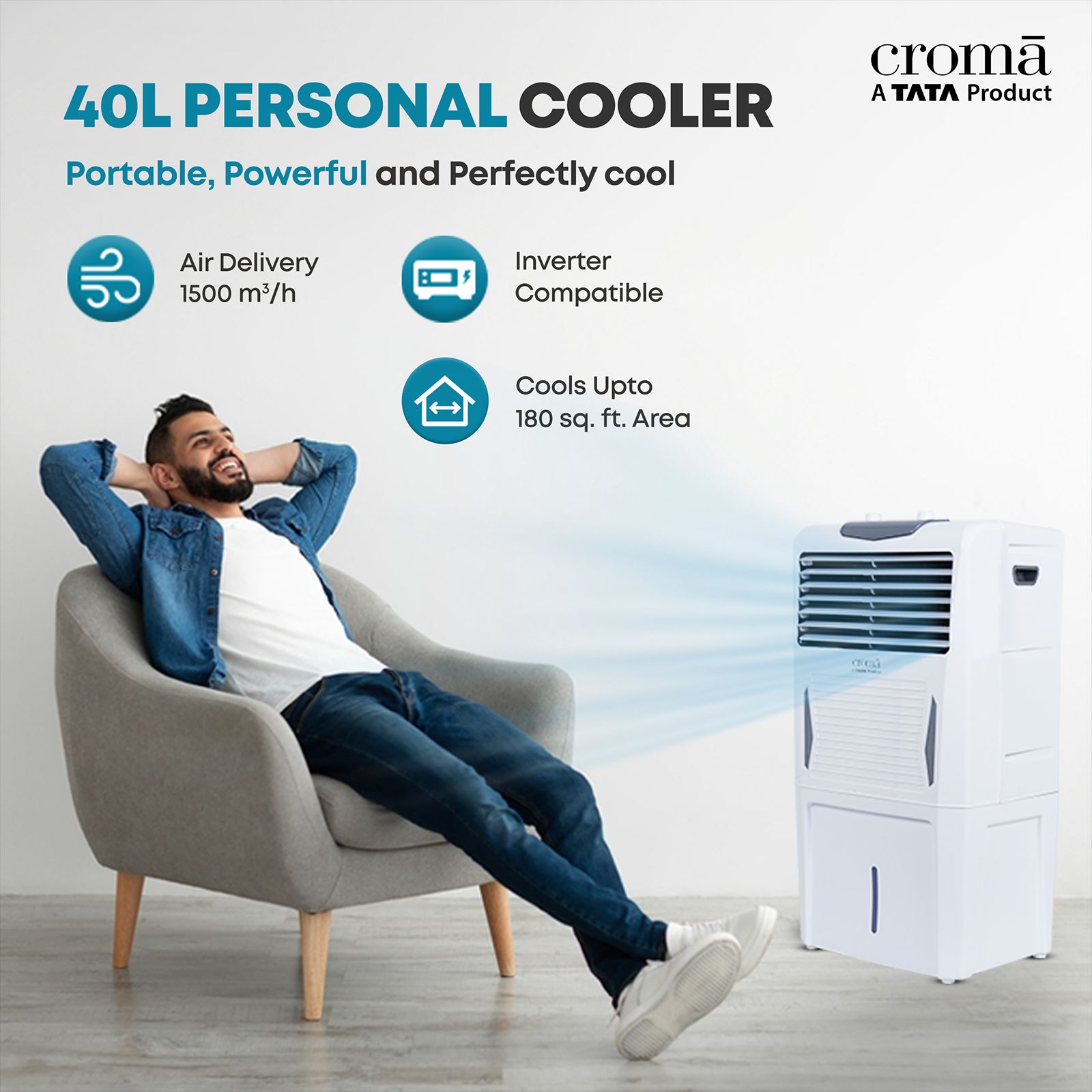 Croma 40 Litres Personal Air Cooler with Inverter Compatible (Ice Chamber, White & Grey)_5