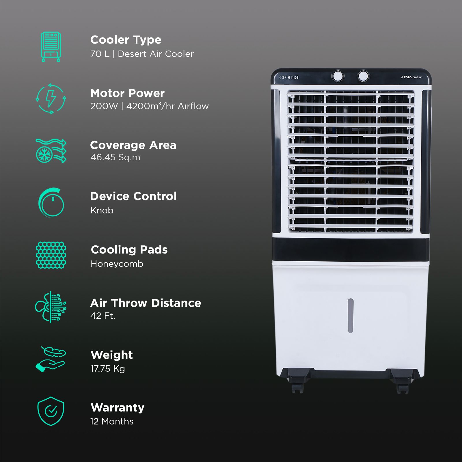 Croma 70 Litres Desert Air Cooler with Inverter Compatible (Evaporative Cooling Technology, White & Black) Croma 70 Litres Desert Air Cooler with Inverter Compatible (Evaporative Cooling Technology, White & Black)_3
