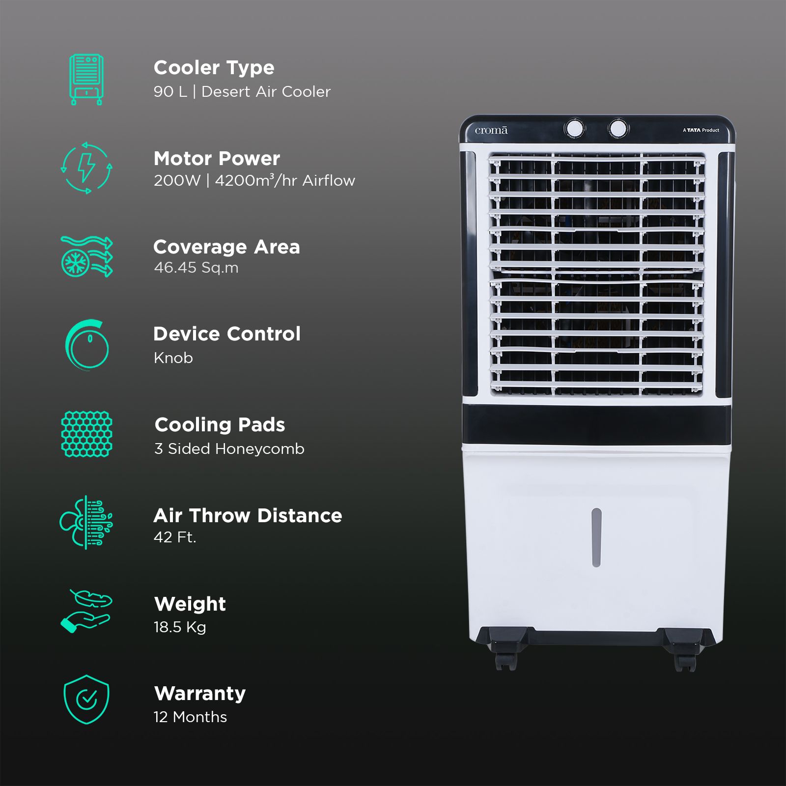 Croma 90 Litres Desert Air Cooler with Inverter Compatible (Evaporative Cooling Technology, White & Black) Croma 90 Litres Desert Air Cooler with Inverter Compatible (Evaporative Cooling Technology, White & Black)_3
