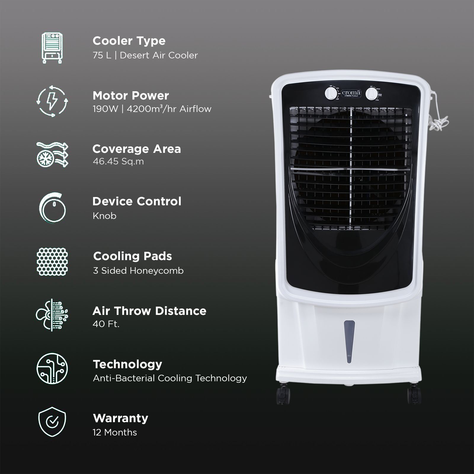 Croma 75 Litres Desert Air Cooler with Inverter Compatible (Evaporative Cooling Technology, White & Black) Croma 75 Litres Desert Air Cooler with Inverter Compatible (Evaporative Cooling Technology, White & Black)_3