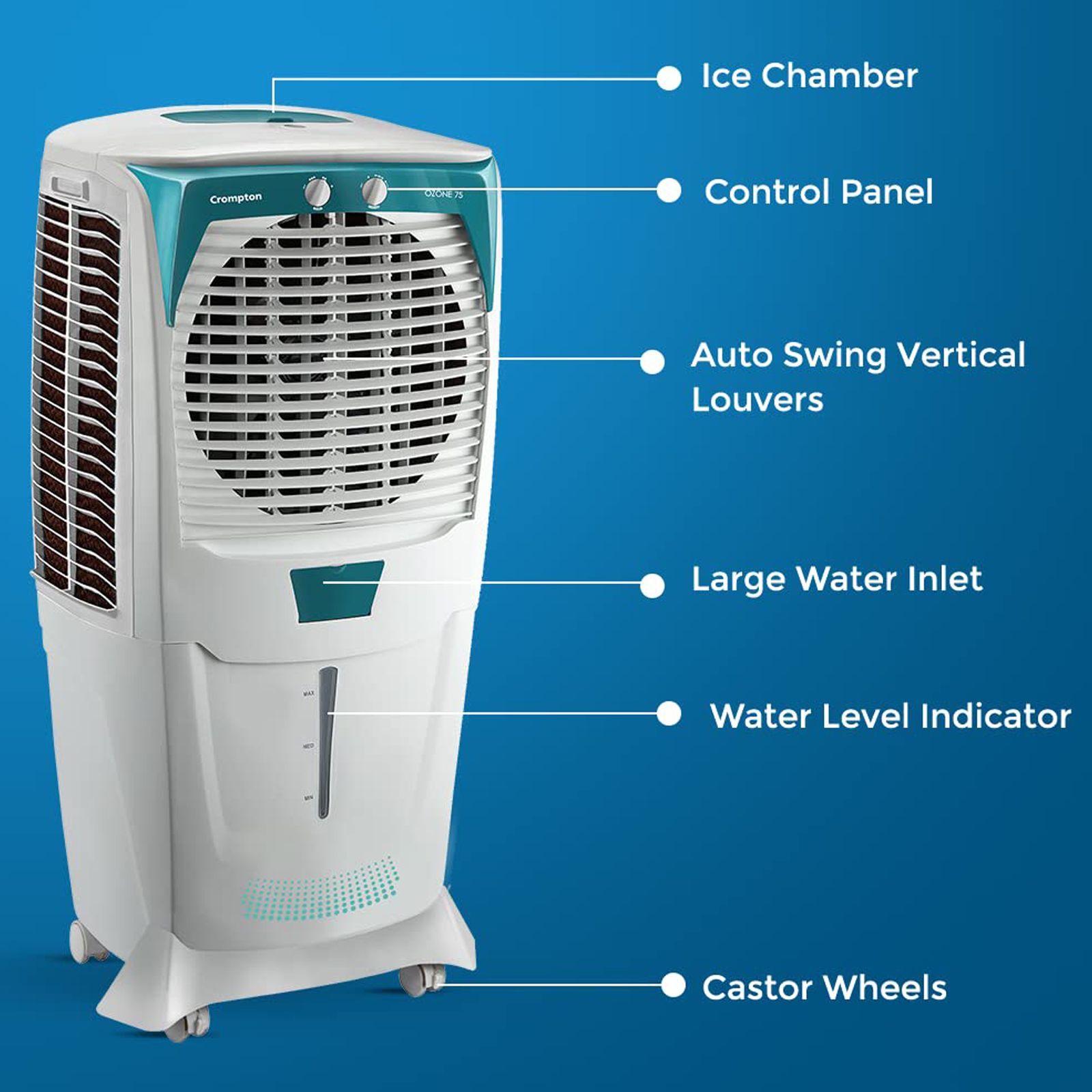 Crompton Ozone 75 Litres Desert Air Cooler (4 Way Air Deflection, ACGC-DAC751, White and Teal) Crompton Ozone 75 Litres Desert Air Cooler (4 Way Air Deflection, ACGC-DAC751, White and Teal)_4