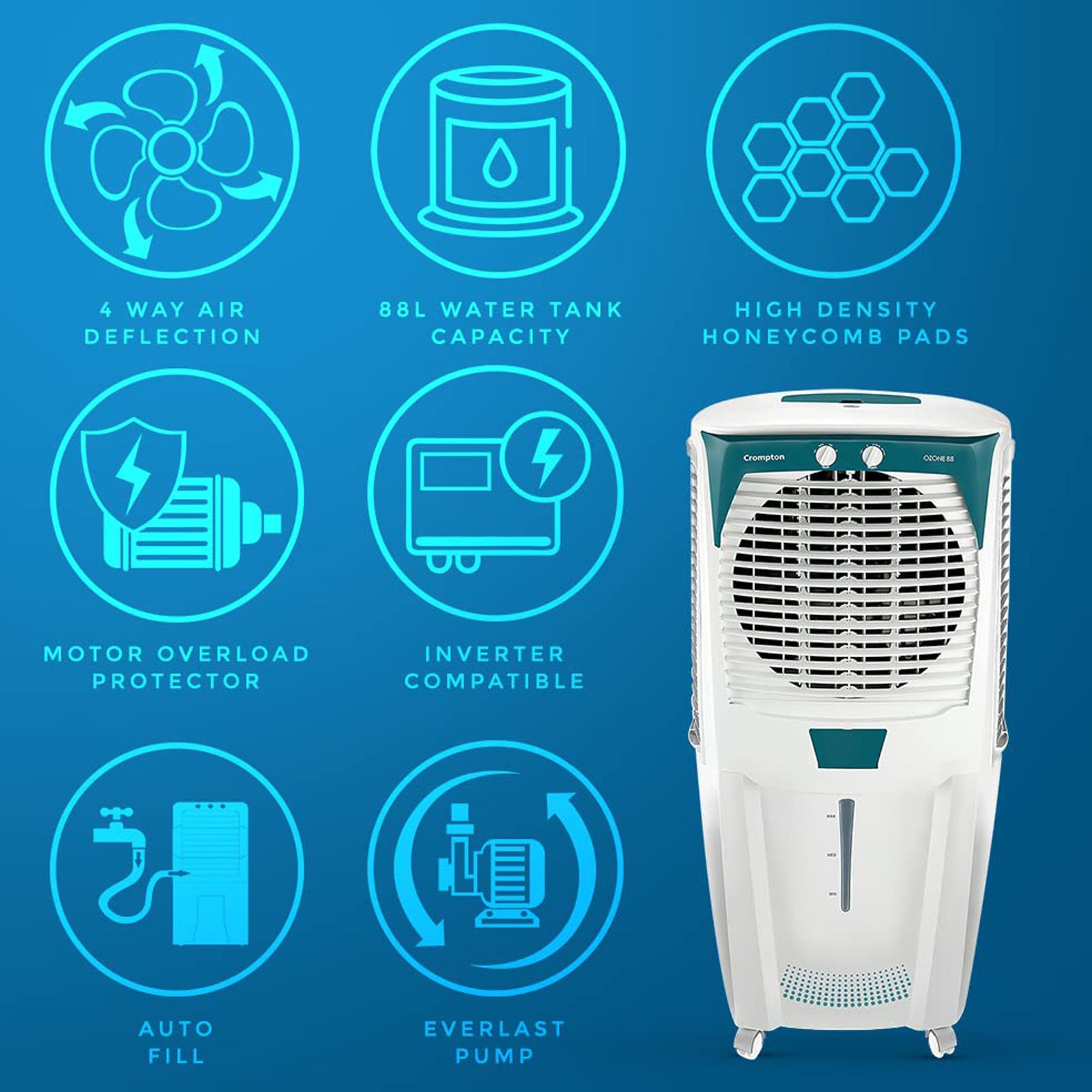 Crompton Ozone 88 Litres Desert Air Cooler (4 Way Air Deflection, ACGC-DAC881, White) Crompton Ozone 88 Litres Desert Air Cooler (4 Way Air Deflection, ACGC-DAC881, White)_4