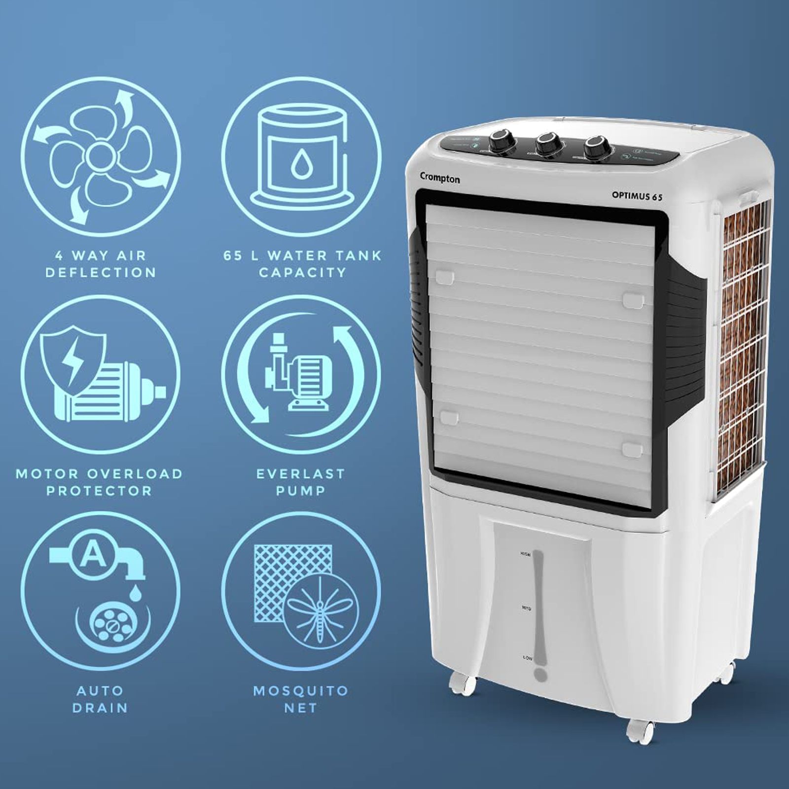 Crompton Optimus 65 Litres Desert Air Cooler (4 Way Air Deflection, ACGC-OPTIMUS65, White and Black) Crompton Optimus 65 Litres Desert Air Cooler (4 Way Air Deflection, ACGC-OPTIMUS65, White and Black)_4