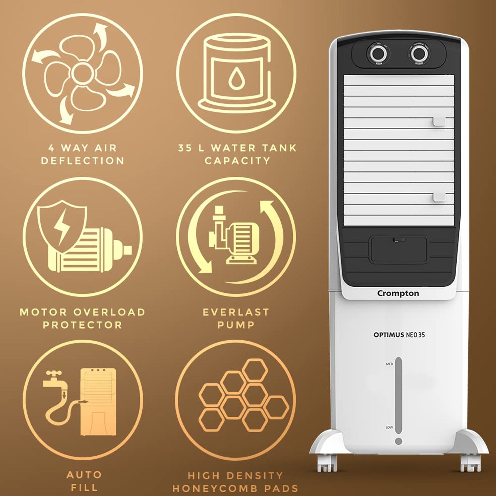 Crompton Optimus Neo 35 Litres Tower Air Cooler (4 Way Air Deflection, ACGC-OPTIMUSNEO35, White) Crompton Optimus Neo 35 Litres Tower Air Cooler (4 Way Air Deflection, ACGC-OPTIMUSNEO35, White)_5