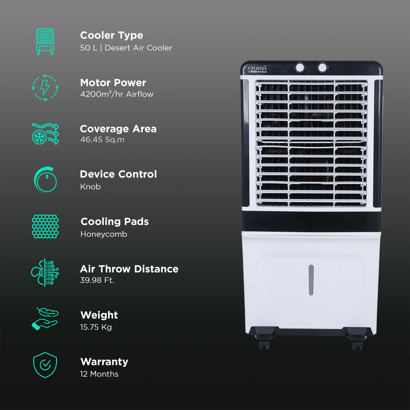 Croma AZ50D 50 Litres Desert Air Cooler with Inverter Compatible (Honey Comb Cooling Pads, White) Croma AZ50D 50 Litres Desert Air Cooler with Inverter Compatible (Honey Comb Cooling Pads, White)_3