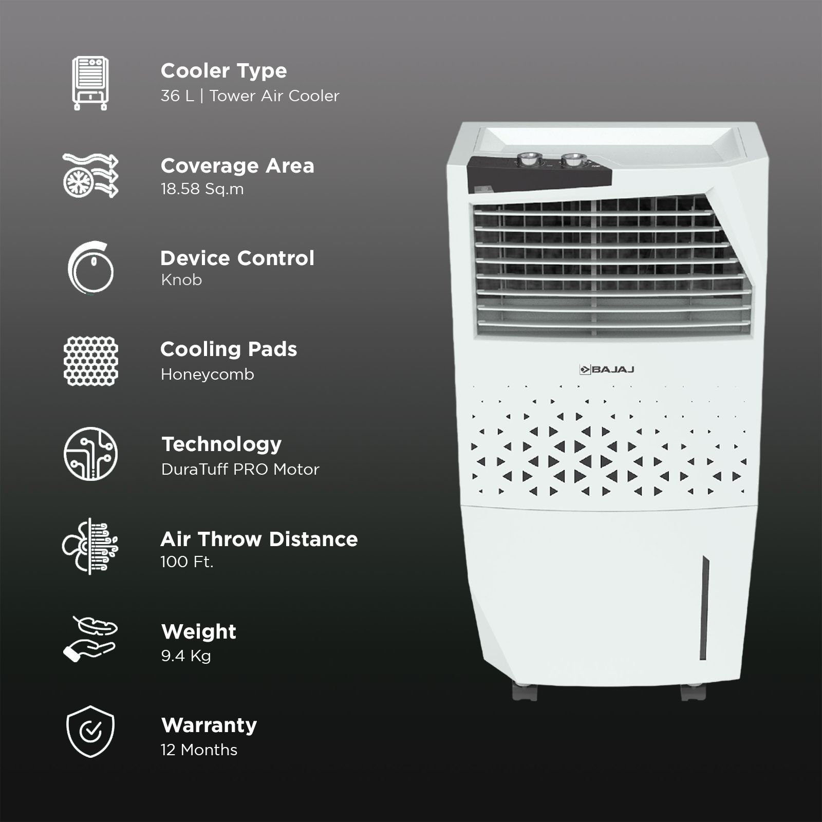 BAJAJ Shield Skive Nios 36 Litres Tower Air Cooler with DuraMarine PRO Pump (Anti Bacterial Hexacool Master, White) BAJAJ Shield Skive Nios 36 Litres Tower Air Cooler with DuraMarine PRO Pump (Anti Bacterial Hexacool Master, White)_3