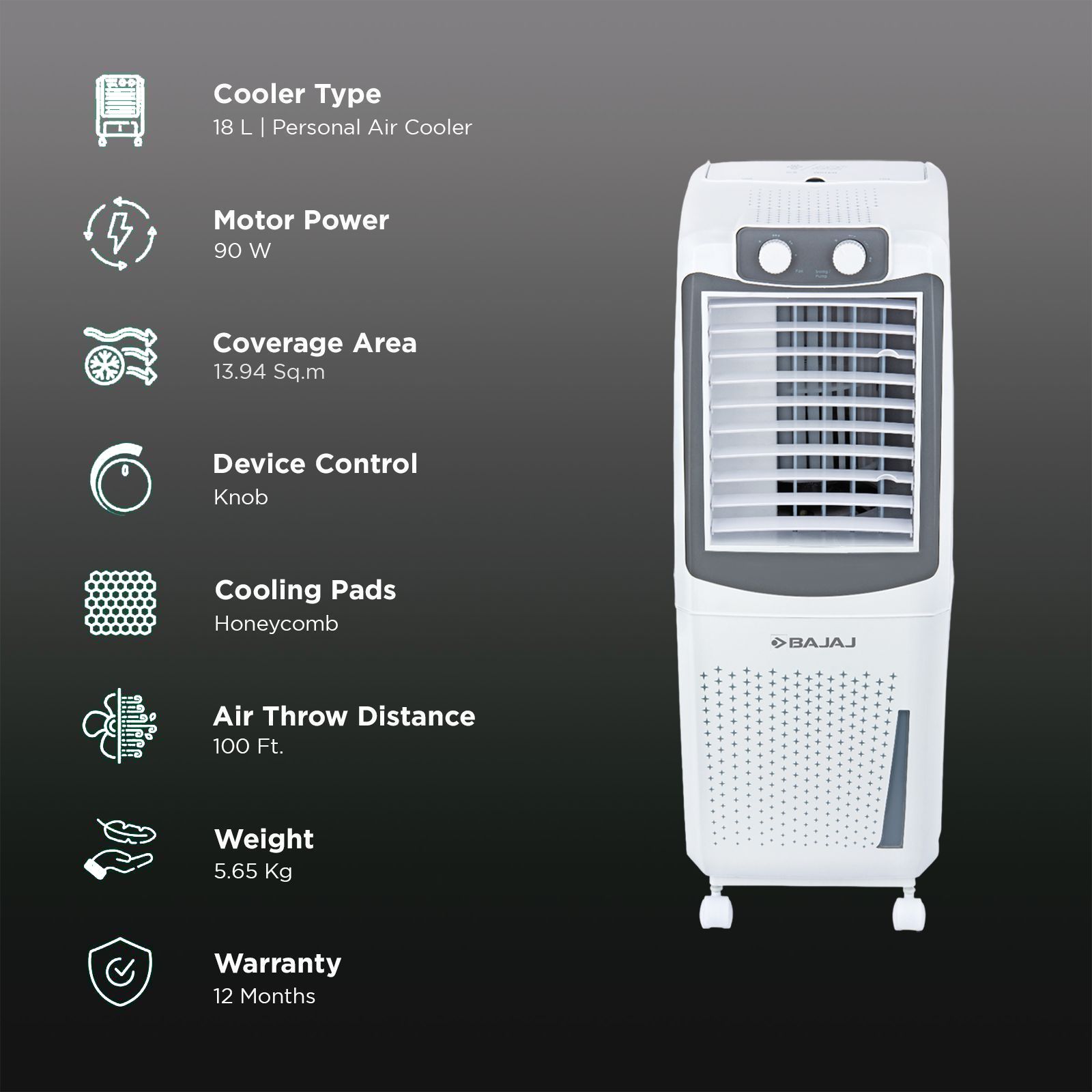 BAJAJ PMH18 DLX 18 Litres Tower Air Cooler with 3 Speed Selection (Anti Bacterial Hexacool Master, White)_3