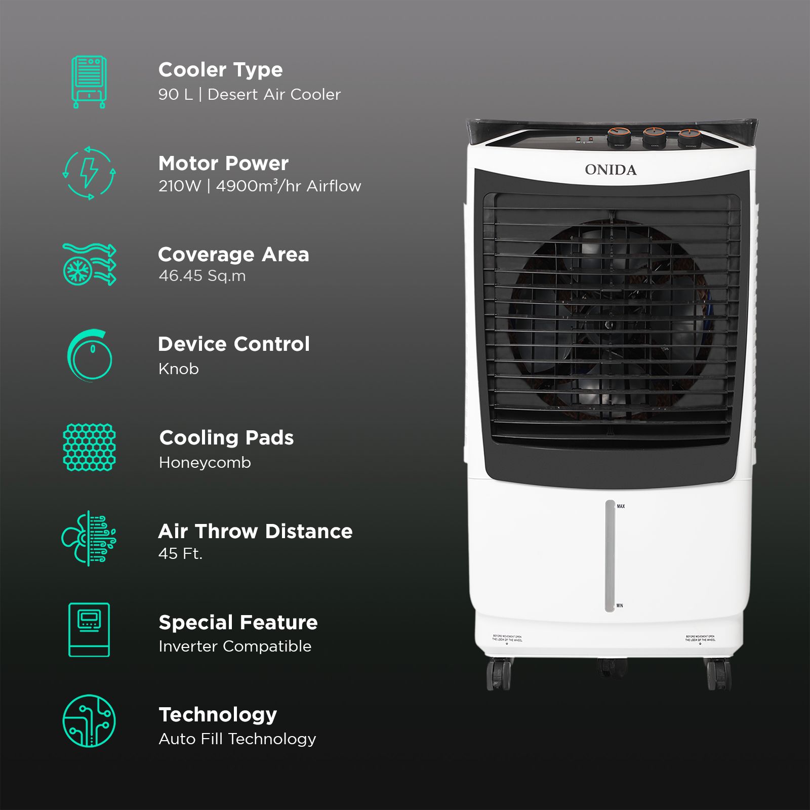 ONIDA Storm 90 Litres Desert Air Cooler with Ice Chamber (Water Level Indicator, White & Black) ONIDA Storm 90 Litres Desert Air Cooler with Ice Chamber (Water Level Indicator, White & Black)_3