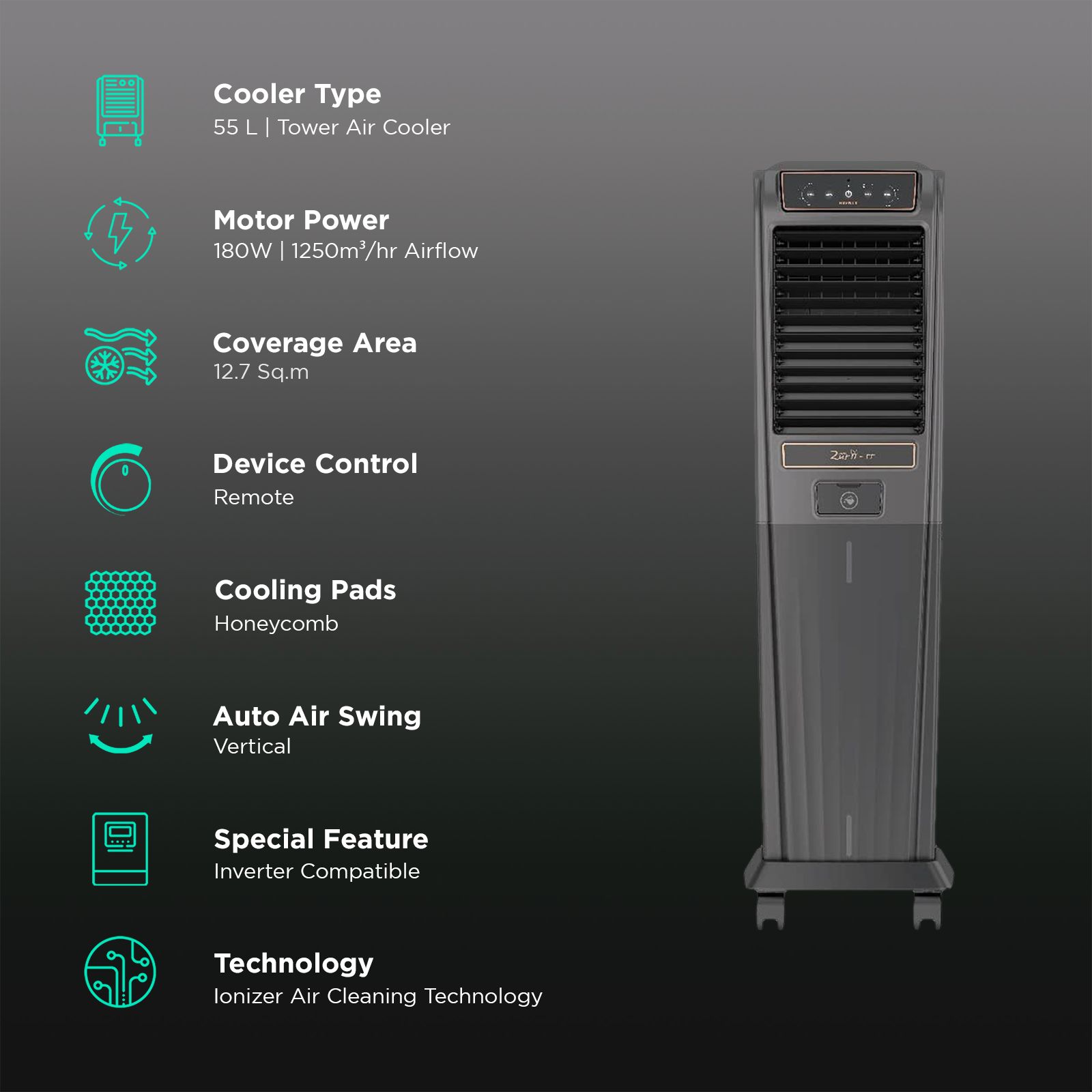 HAVELLS Zurii 55 Litres Tower Air Cooler with Inverter Compatible (Ionizer Air Cleaning Technology, Black & Grey) HAVELLS Zurii 55 Litres Tower Air Cooler with Inverter Compatible (Ionizer Air Cleaning Technology, Black & Grey)_3
