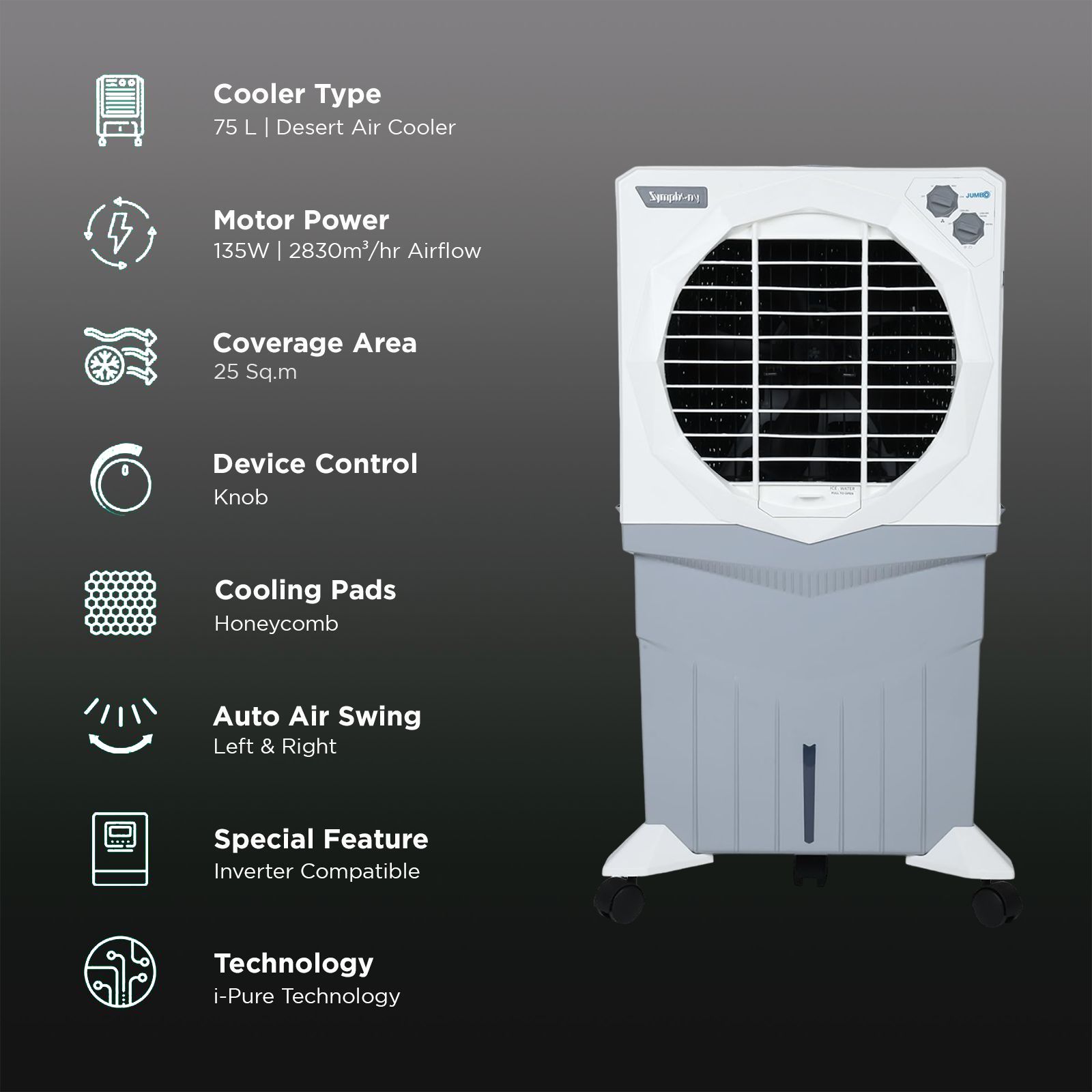 Symphony Jumbo 75XL+ 75 Litres Desert Air Cooler with Whisper-Quiet Operation (Cool Flow Dispenser, White) Symphony Jumbo 75XL+ 75 Litres Desert Air Cooler with Whisper-Quiet Operation (Cool Flow Dispenser, White)_3