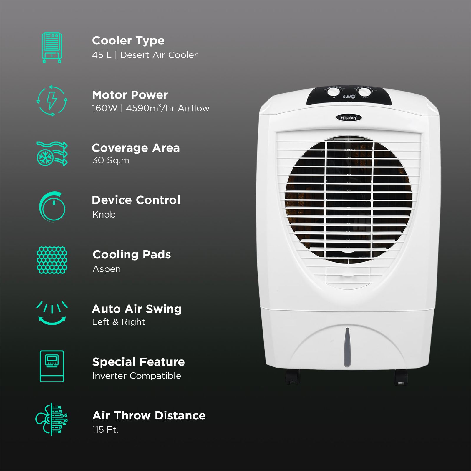 Symphony Sumo 45 Litres Desert Air Cooler with 360 Degree Castor Wheels (Cool Flow Dispenser, White)_3