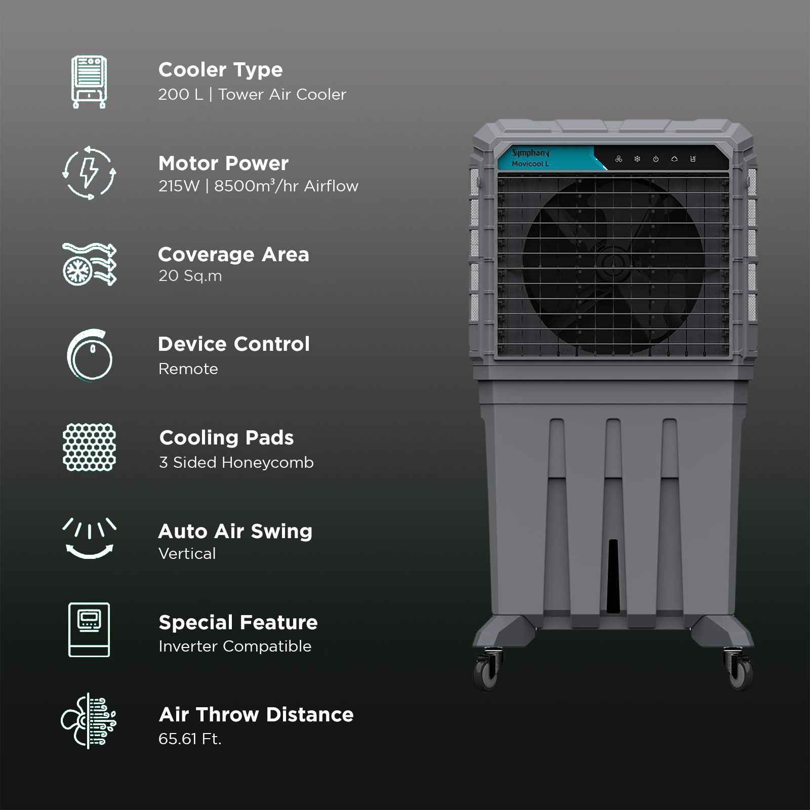 Symphony Movicool L 200i 200 Litres Commercial Air Cooler with Multi-Function Remote (Dust Filter, Grey) Symphony Movicool L 200i 200 Litres Commercial Air Cooler with Multi-Function Remote (Dust Filter, Grey)_3
