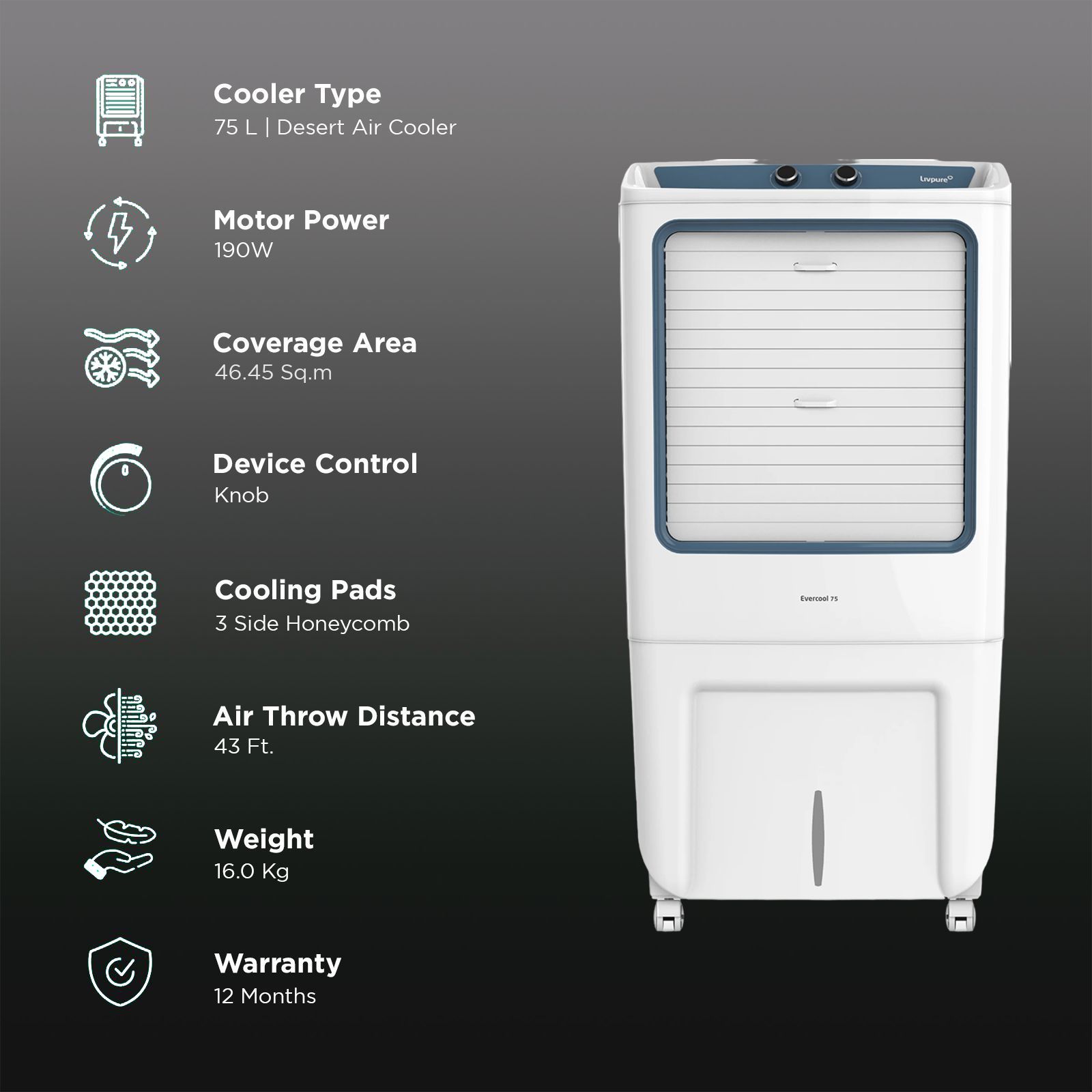 Livpure Evercool 75 Litres Desert Air Cooler with Inverter Compatible (Multi Directional Wheels, White & Blue) Livpure Evercool 75 Litres Desert Air Cooler with Inverter Compatible (Multi Directional Wheels, White & Blue)_3