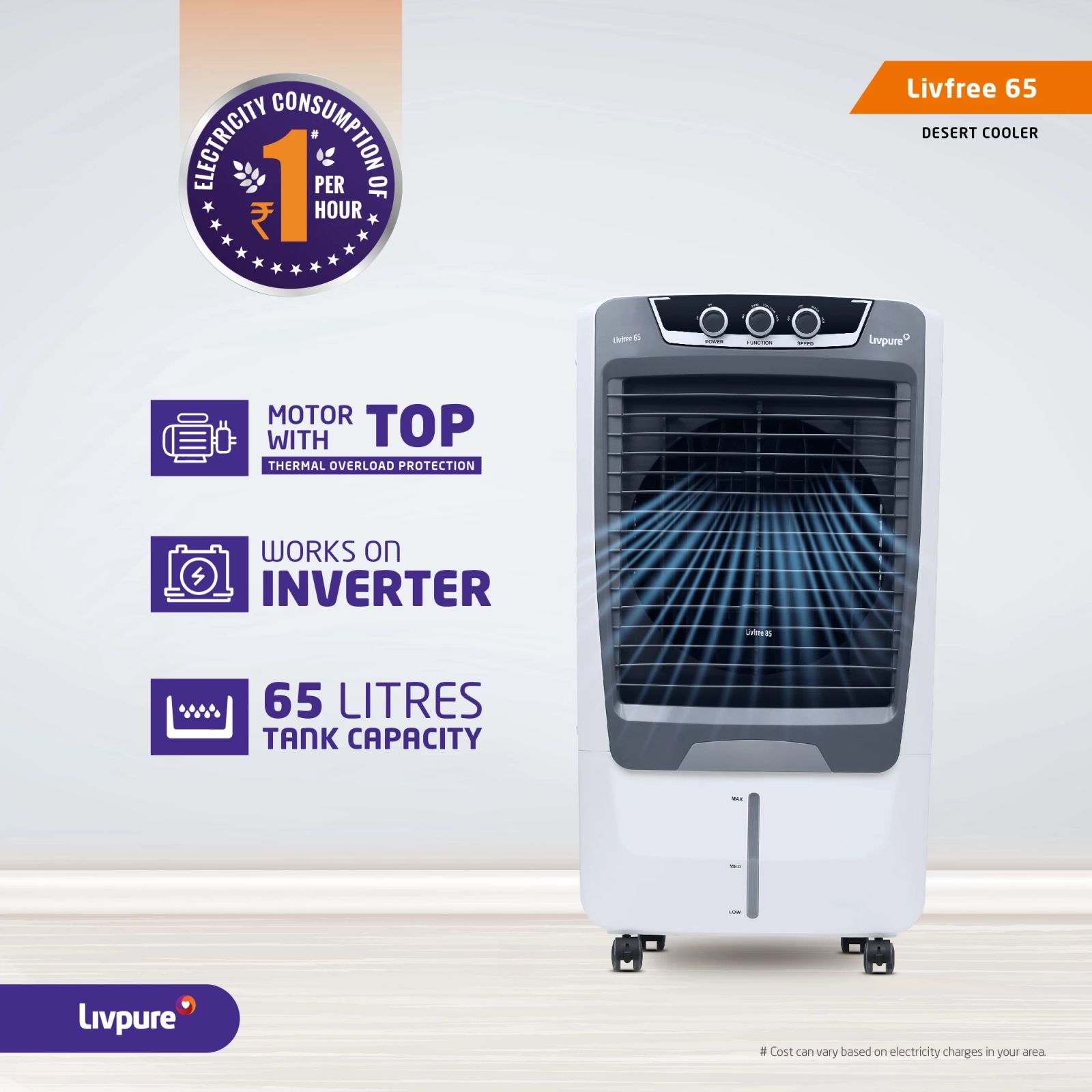 Livpure Livfree 65 Litres Desert Air Cooler with 4 Way Louver Movement (Thermal Overload Protection, White & Grey) Livpure Livfree 65 Litres Desert Air Cooler with 4 Way Louver Movement (Thermal Overload Protection, White & Grey)_6