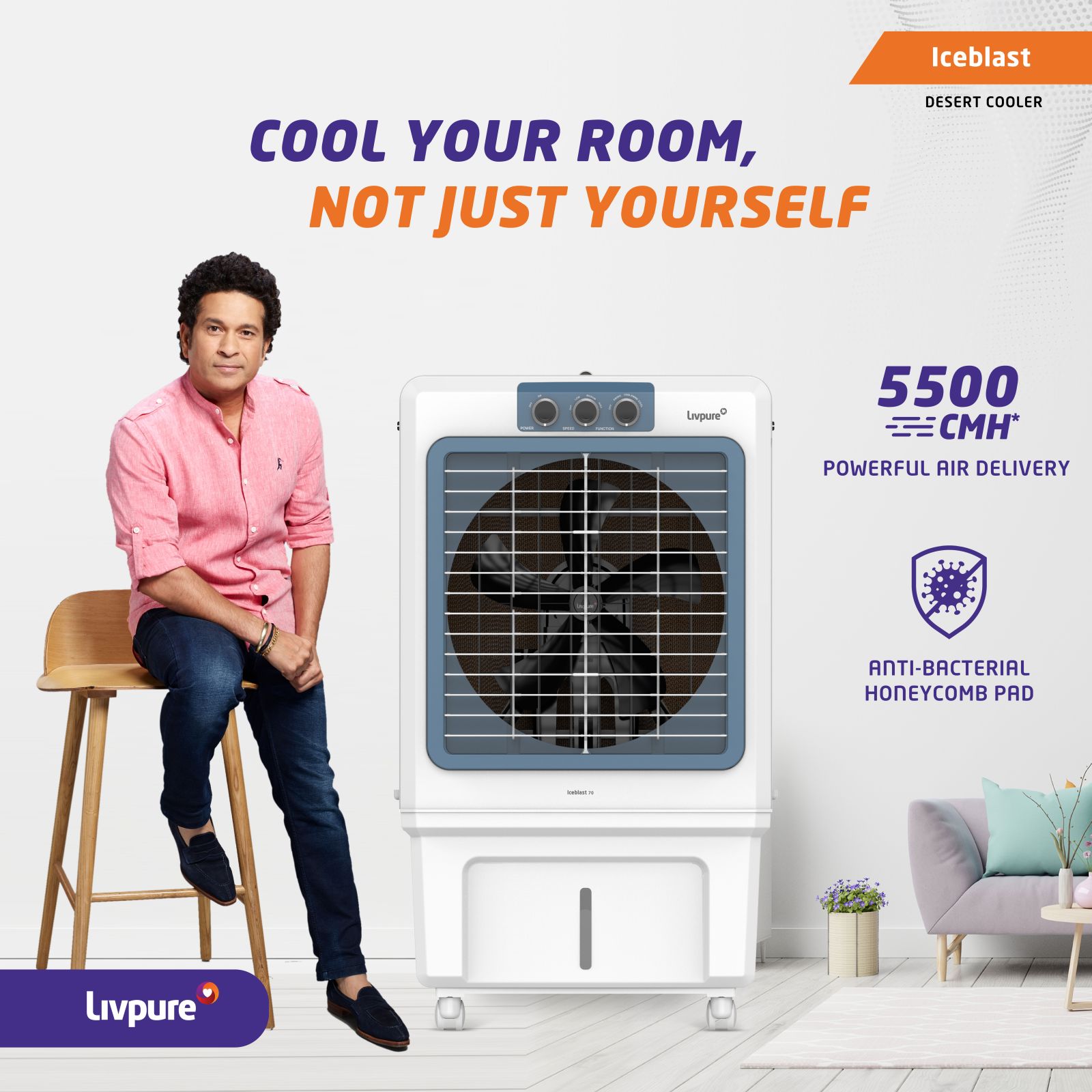 Livpure Iceblast 70 Litres Desert Air Cooler with Ice Chamber (Thermal Overload Protection, White and Blue)_5