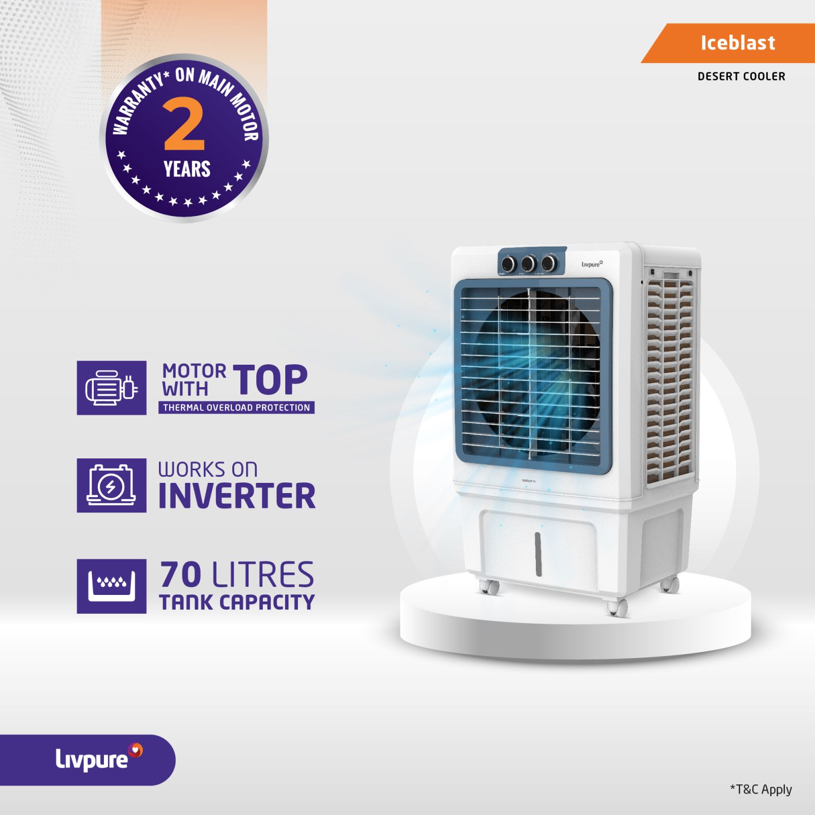 Livpure Iceblast 70 Litres Desert Air Cooler with Ice Chamber (Thermal Overload Protection, White and Blue)_7