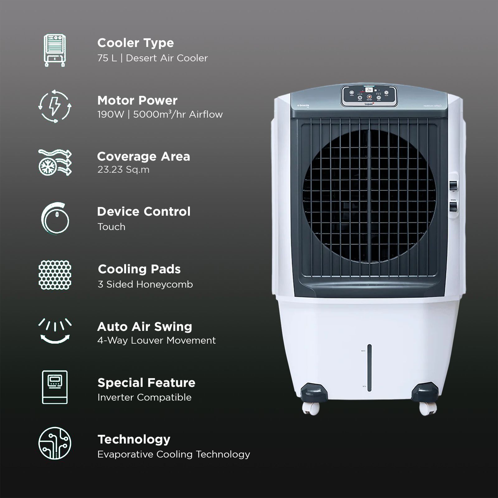 Livpure E-Breezio 75 Litres Desert Air Cooler with Inverter Compatible (Feather Touch, White & Grey) Livpure E-Breezio 75 Litres Desert Air Cooler with Inverter Compatible (Feather Touch, White & Grey)_3