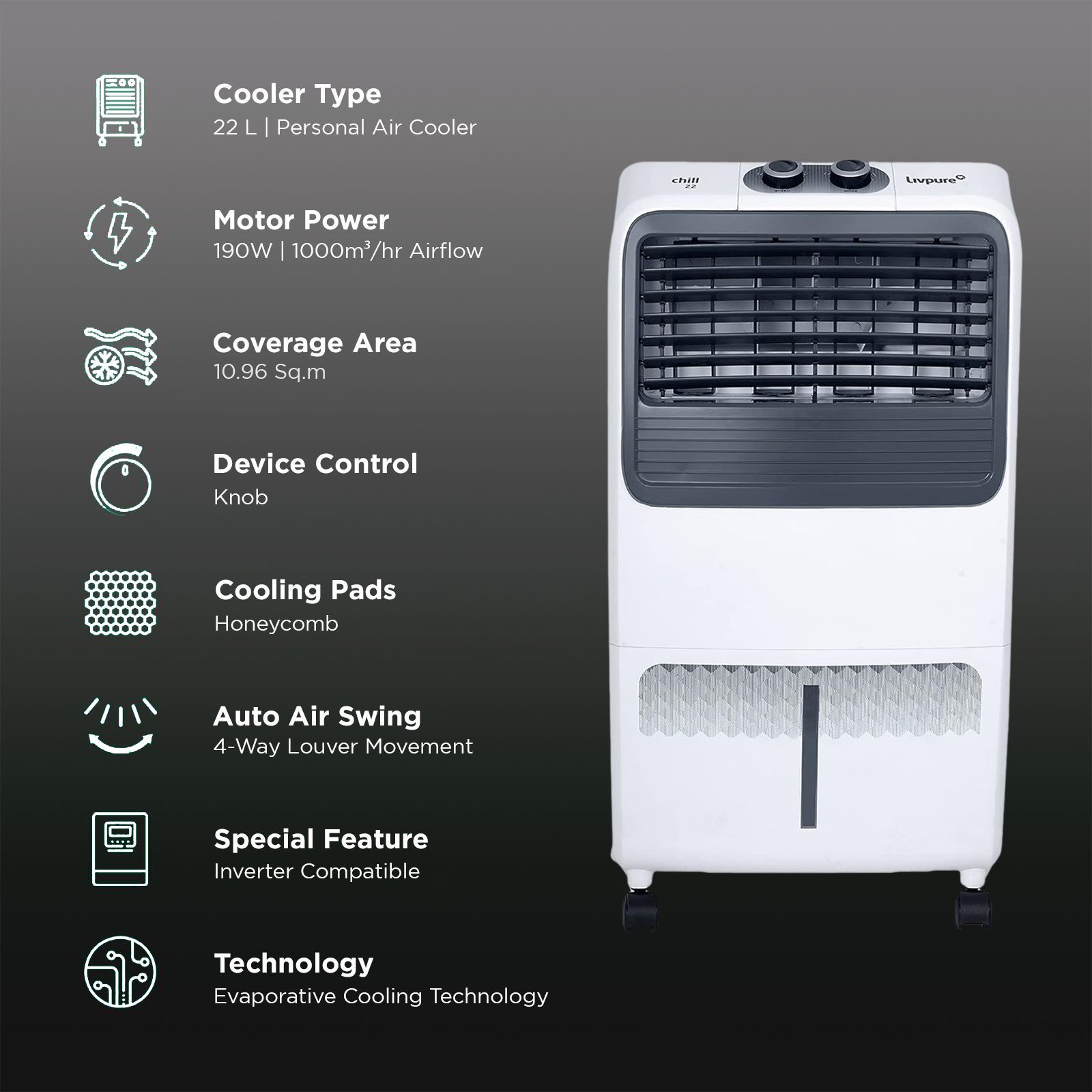 Livpure Chill 22 Litres Personal Air Cooler with Ice Chamber (Thermal Overload Protection, White & Grey) Livpure Chill 22 Litres Personal Air Cooler with Ice Chamber (Thermal Overload Protection, White & Grey)_3