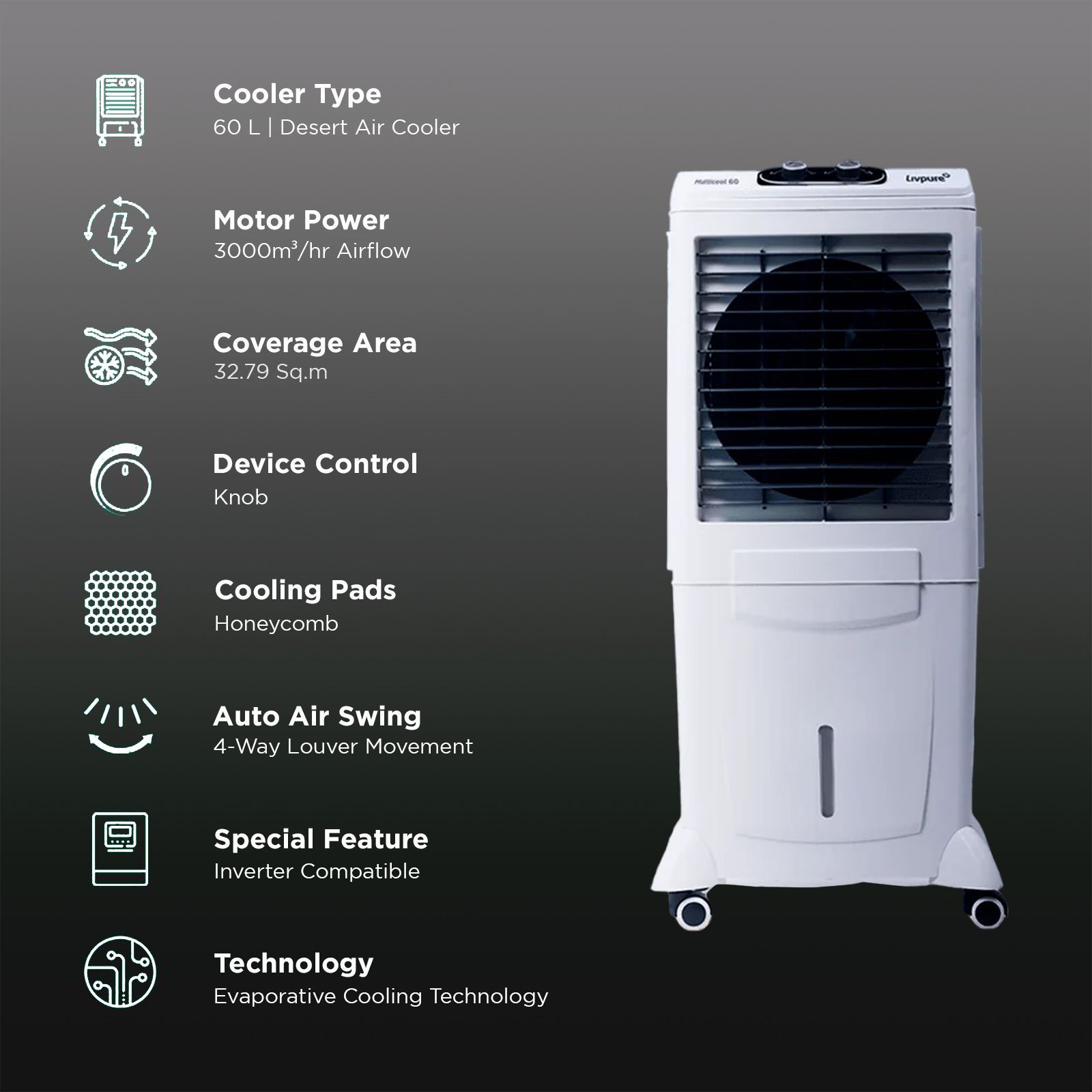 Livpure Multicool 60 Litres Mini Desert Air Cooler with Inverter Compatible (Thermal Overload Protection, White & Grey) Livpure Multicool 60 Litres Mini Desert Air Cooler with Inverter Compatible (Thermal Overload Protection, White & Grey)_3