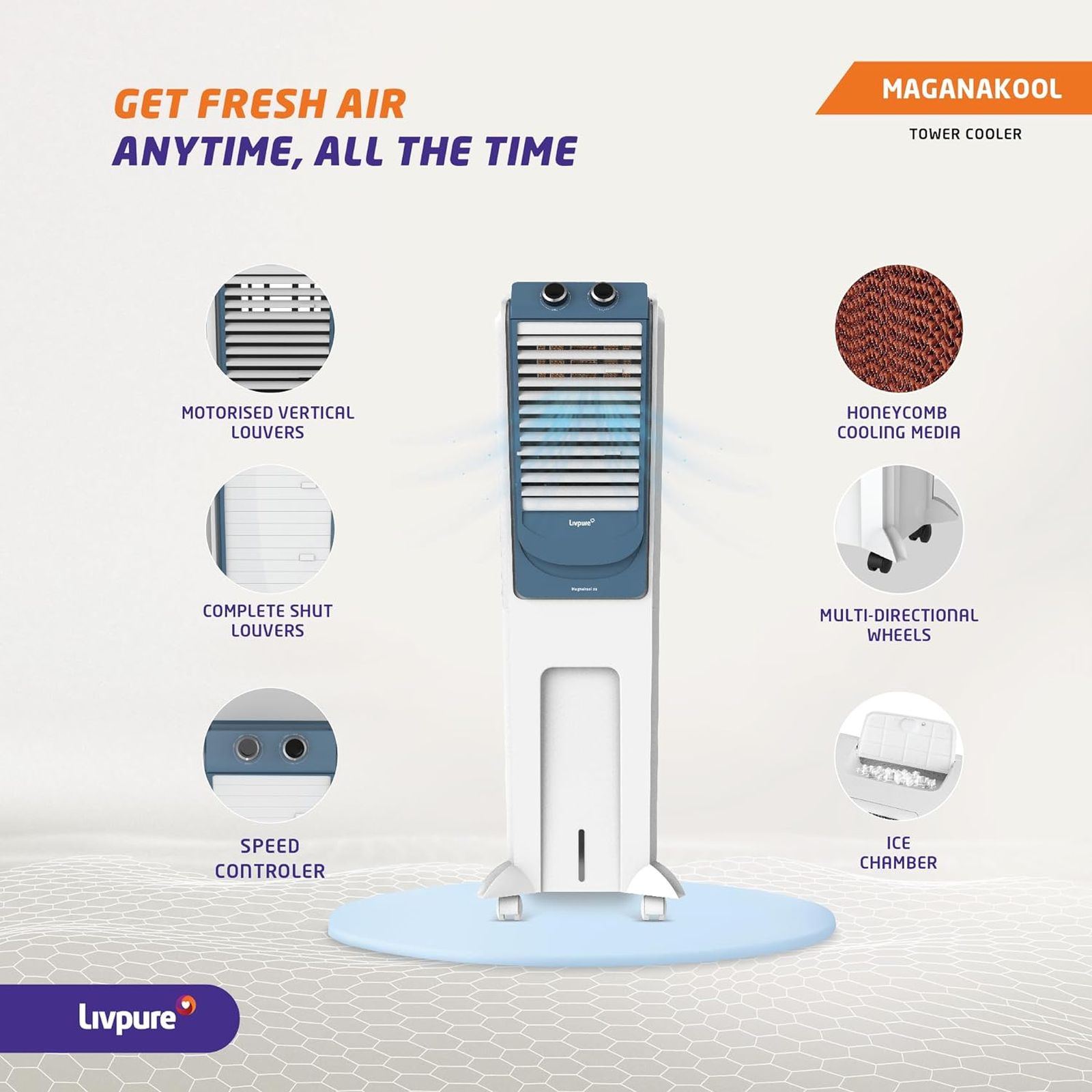 Livpure Magnakool 28 Litres Tower Air Cooler with Thermal Overload Protection (Anti Bacterial Honeycomb Pad, White & Blue) Livpure Magnakool 28 Litres Tower Air Cooler with Thermal Overload Protection (Anti Bacterial Honeycomb Pad, White & Blue)_6
