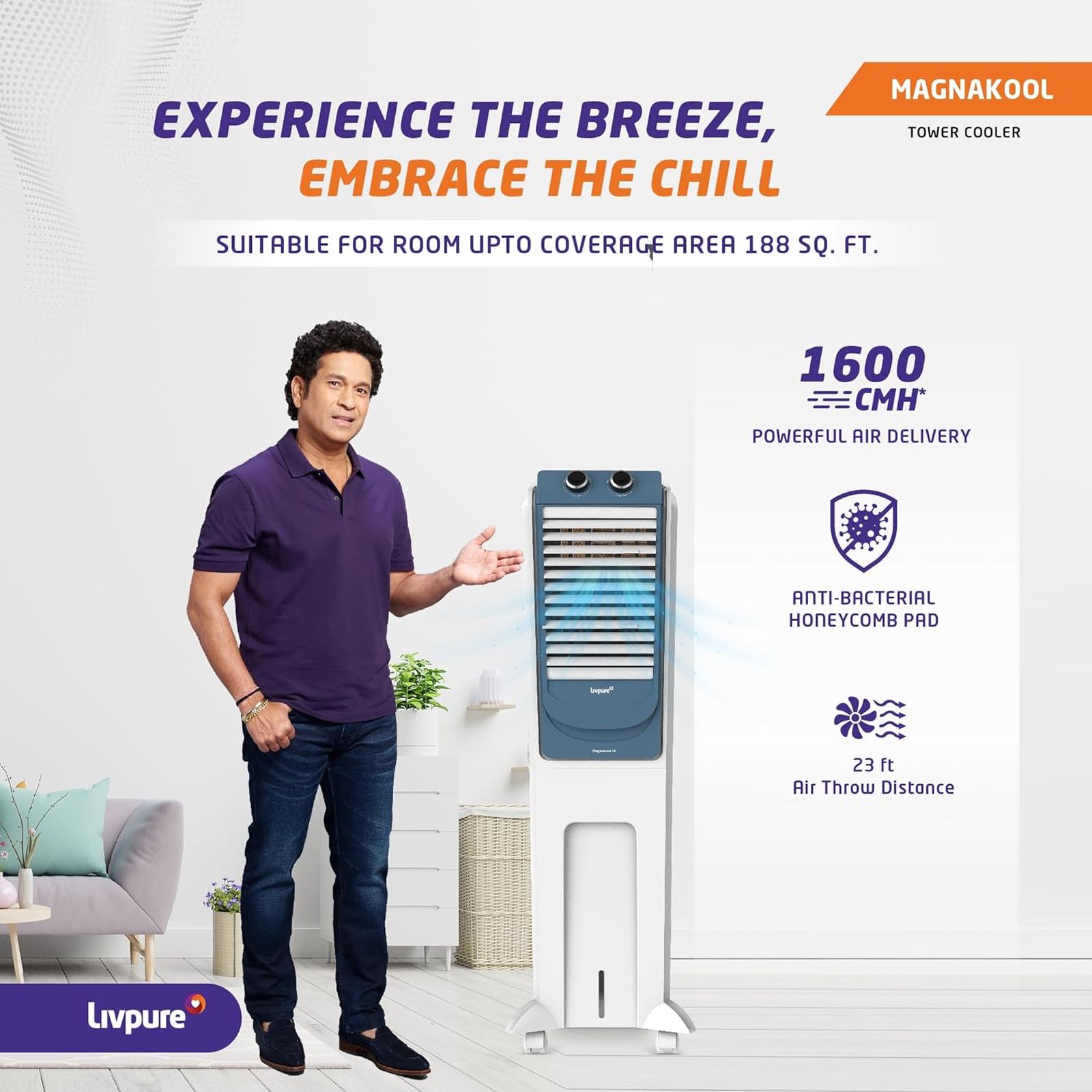 Livpure Magnakool 28 Litres Tower Air Cooler with Thermal Overload Protection (Anti Bacterial Honeycomb Pad, White & Blue) Livpure Magnakool 28 Litres Tower Air Cooler with Thermal Overload Protection (Anti Bacterial Honeycomb Pad, White & Blue)_8