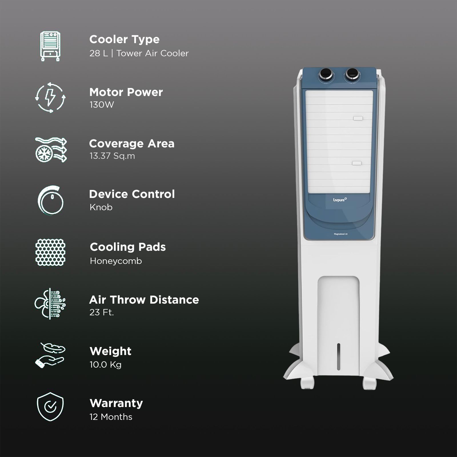 Livpure Magnakool 28 Litres Tower Air Cooler with Thermal Overload Protection (Anti Bacterial Honeycomb Pad, White & Blue) Livpure Magnakool 28 Litres Tower Air Cooler with Thermal Overload Protection (Anti Bacterial Honeycomb Pad, White & Blue)_3