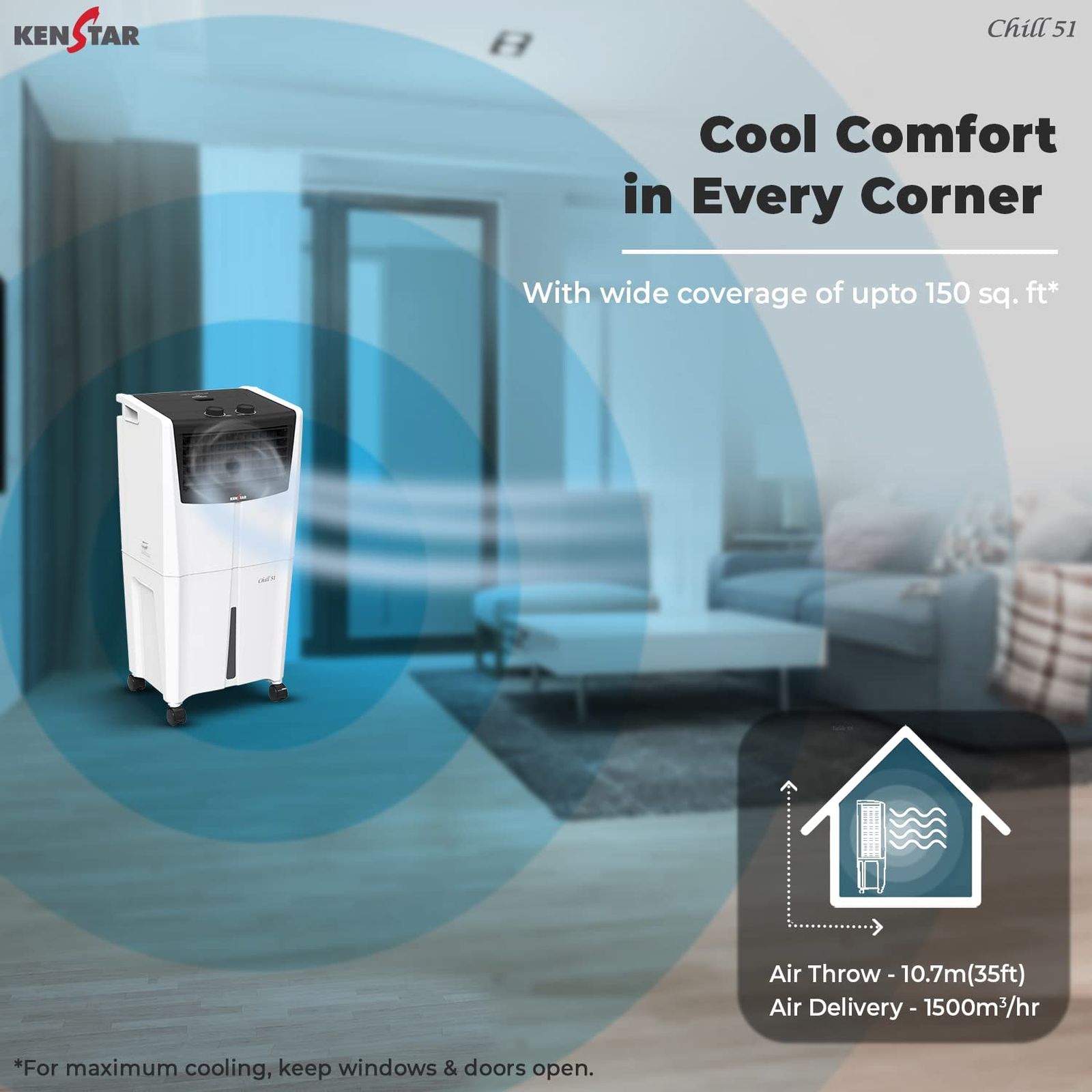 KENSTAR CHILL HC 51 Litres Personal Air Cooler with Quadraflow Technology (Inverter Compatible, Black & White) KENSTAR CHILL HC 51 Litres Personal Air Cooler with Quadraflow Technology (Inverter Compatible, Black & White)_5