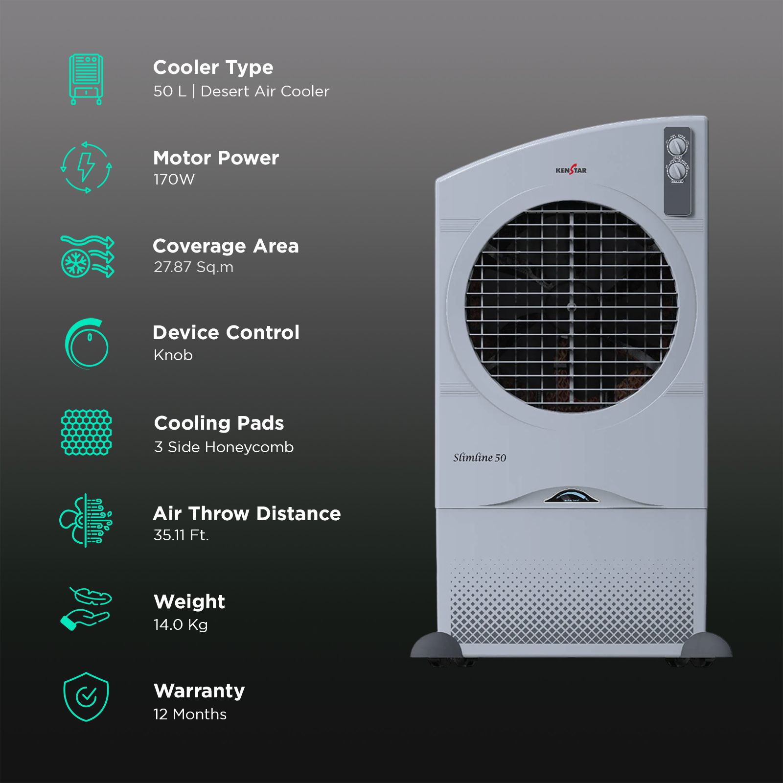 KENSTAR Slimline HC 50 50 Litres Desert Air Cooler with Quadraflow Technology (Honeycomb Cooling Pads, Light Grey) KENSTAR Slimline HC 50 50 Litres Desert Air Cooler with Quadraflow Technology (Honeycomb Cooling Pads, Light Grey)_3