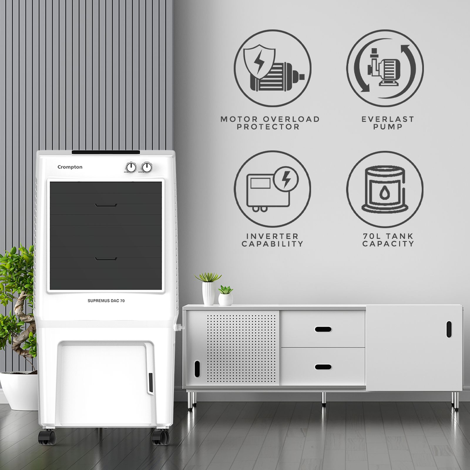Crompton Supremus 70 Litres Desert Air Cooler with Double Ball Bearing (4 Way Air Deflection, White & Black) Crompton Supremus 70 Litres Desert Air Cooler with Double Ball Bearing (4 Way Air Deflection, White & Black)_8