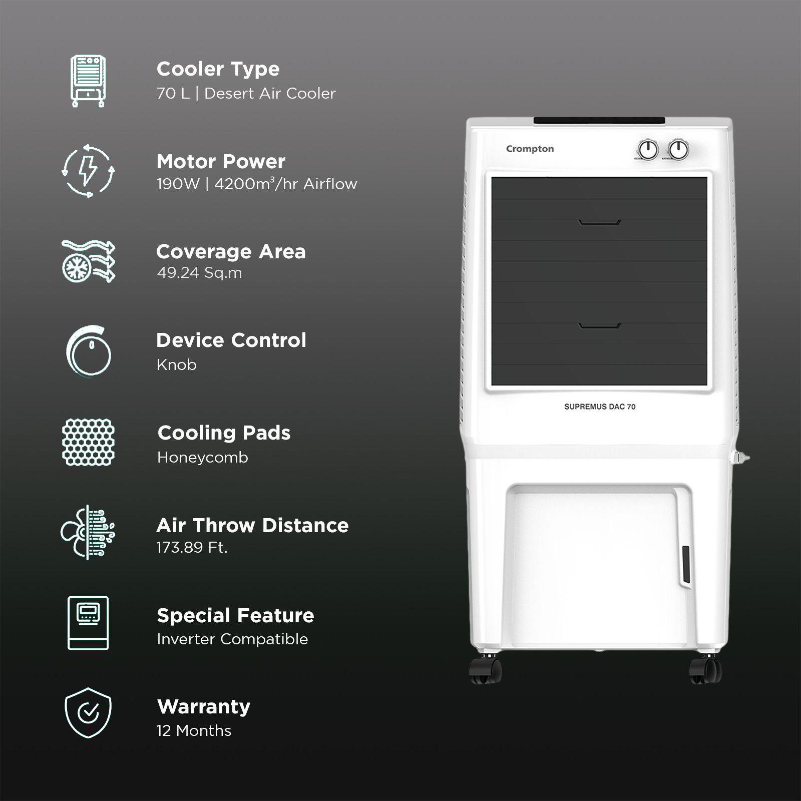 Crompton Supremus 70 Litres Desert Air Cooler with Double Ball Bearing (4 Way Air Deflection, White & Black) Crompton Supremus 70 Litres Desert Air Cooler with Double Ball Bearing (4 Way Air Deflection, White & Black)_3