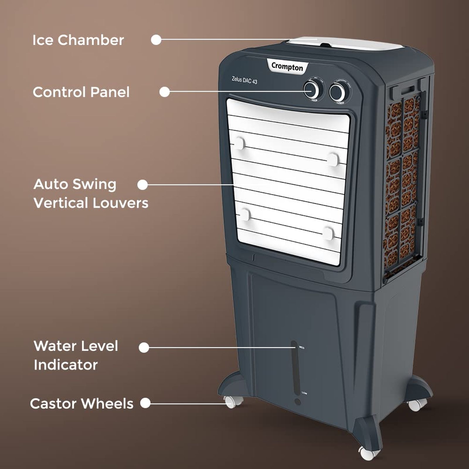 Crompton Zelus DAC 43 Litres Mini Desert Air Cooler with Everlast Pump (4-Way Air Deflection, Grey) Crompton Zelus DAC 43 Litres Mini Desert Air Cooler with Everlast Pump (4-Way Air Deflection, Grey)_8