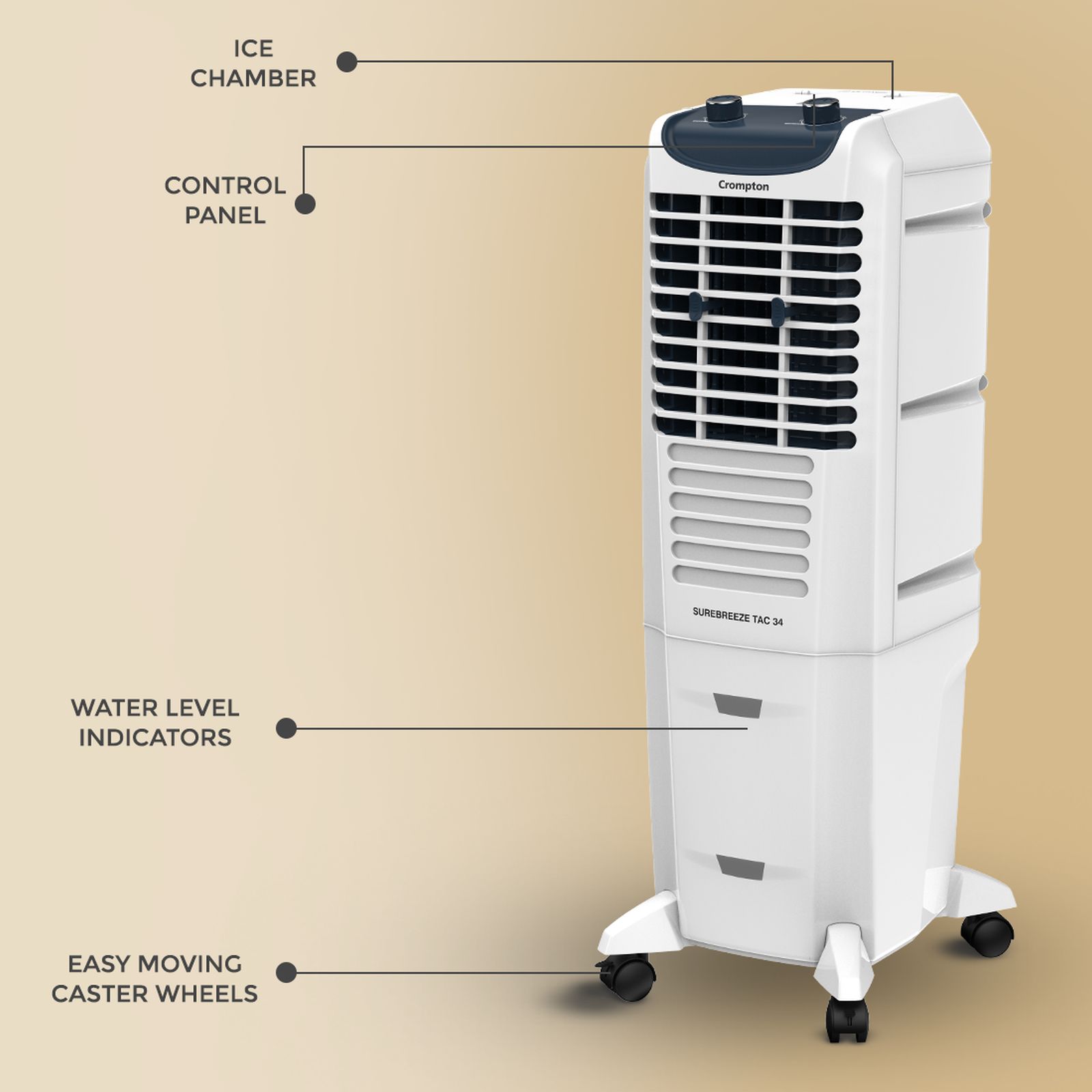 Crompton Surebreeze 34 Litres Tower Air Cooler with Overload Protection (4 Way Air Deflection, White & Black) Crompton Surebreeze 34 Litres Tower Air Cooler with Overload Protection (4 Way Air Deflection, White & Black)_7