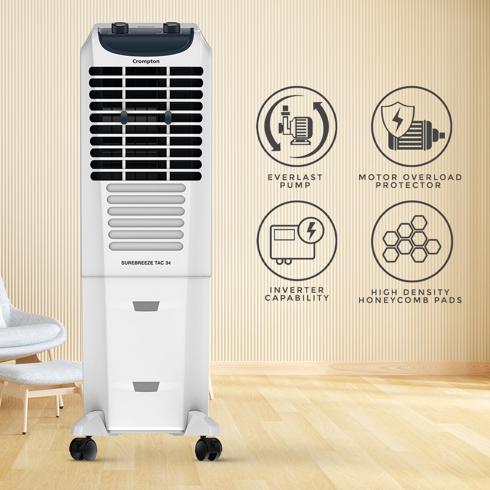 Crompton Surebreeze 34 Litres Tower Air Cooler with Overload Protection (4 Way Air Deflection, White & Black) Crompton Surebreeze 34 Litres Tower Air Cooler with Overload Protection (4 Way Air Deflection, White & Black)_9