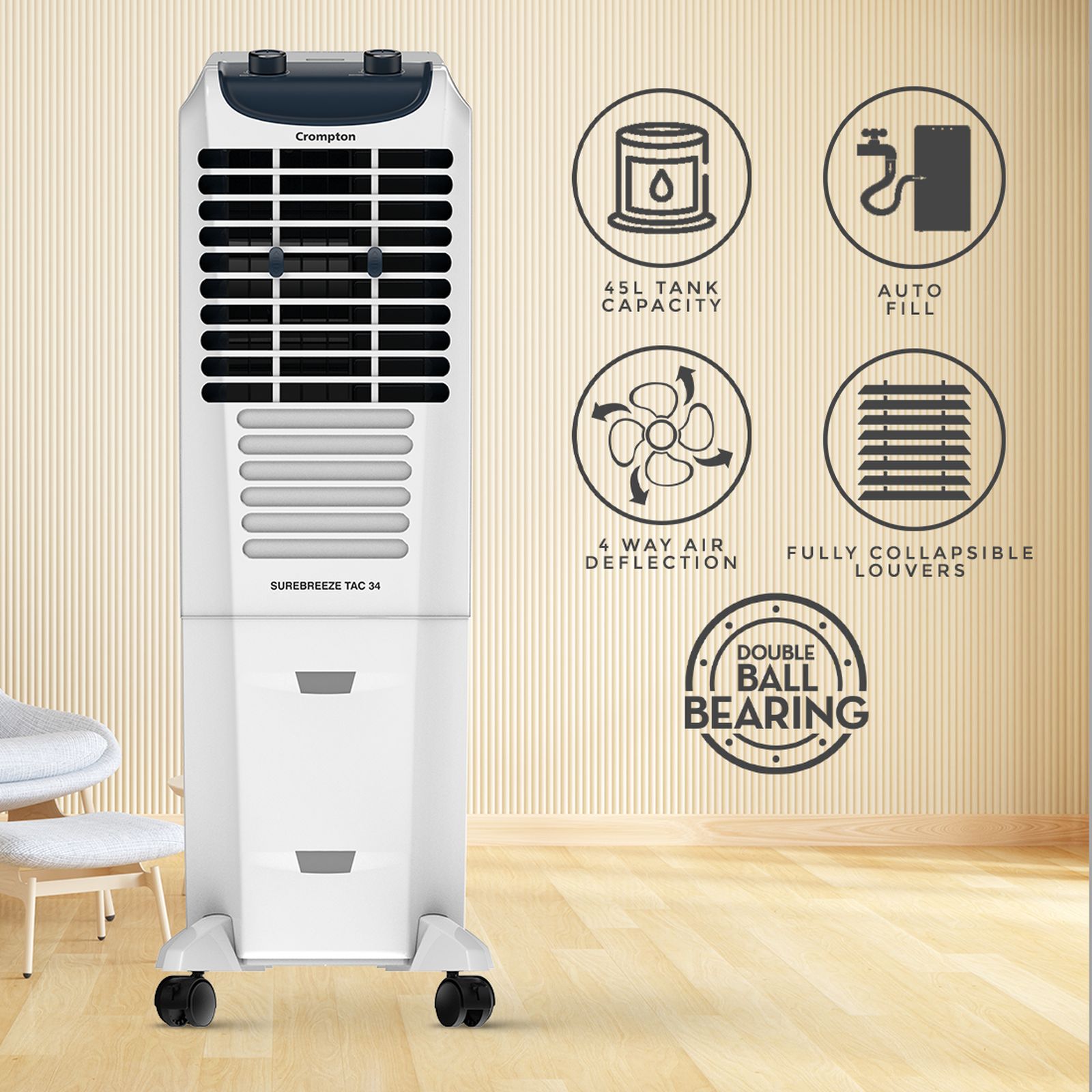Crompton Surebreeze 34 Litres Tower Air Cooler with Overload Protection (4 Way Air Deflection, White & Black) Crompton Surebreeze 34 Litres Tower Air Cooler with Overload Protection (4 Way Air Deflection, White & Black)_10