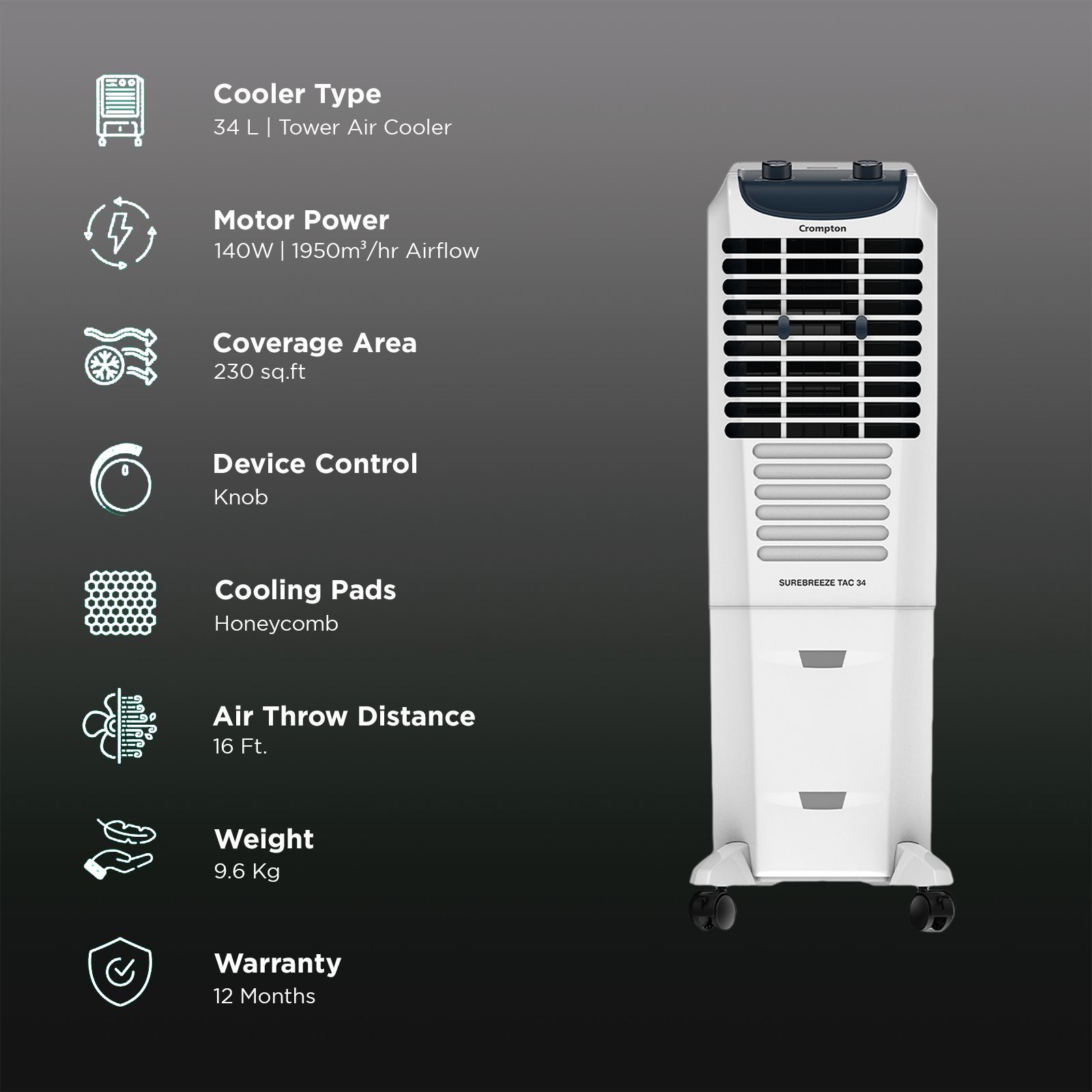 Crompton Surebreeze 34 Litres Tower Air Cooler with Overload Protection (4 Way Air Deflection, White & Black) Crompton Surebreeze 34 Litres Tower Air Cooler with Overload Protection (4 Way Air Deflection, White & Black)_3