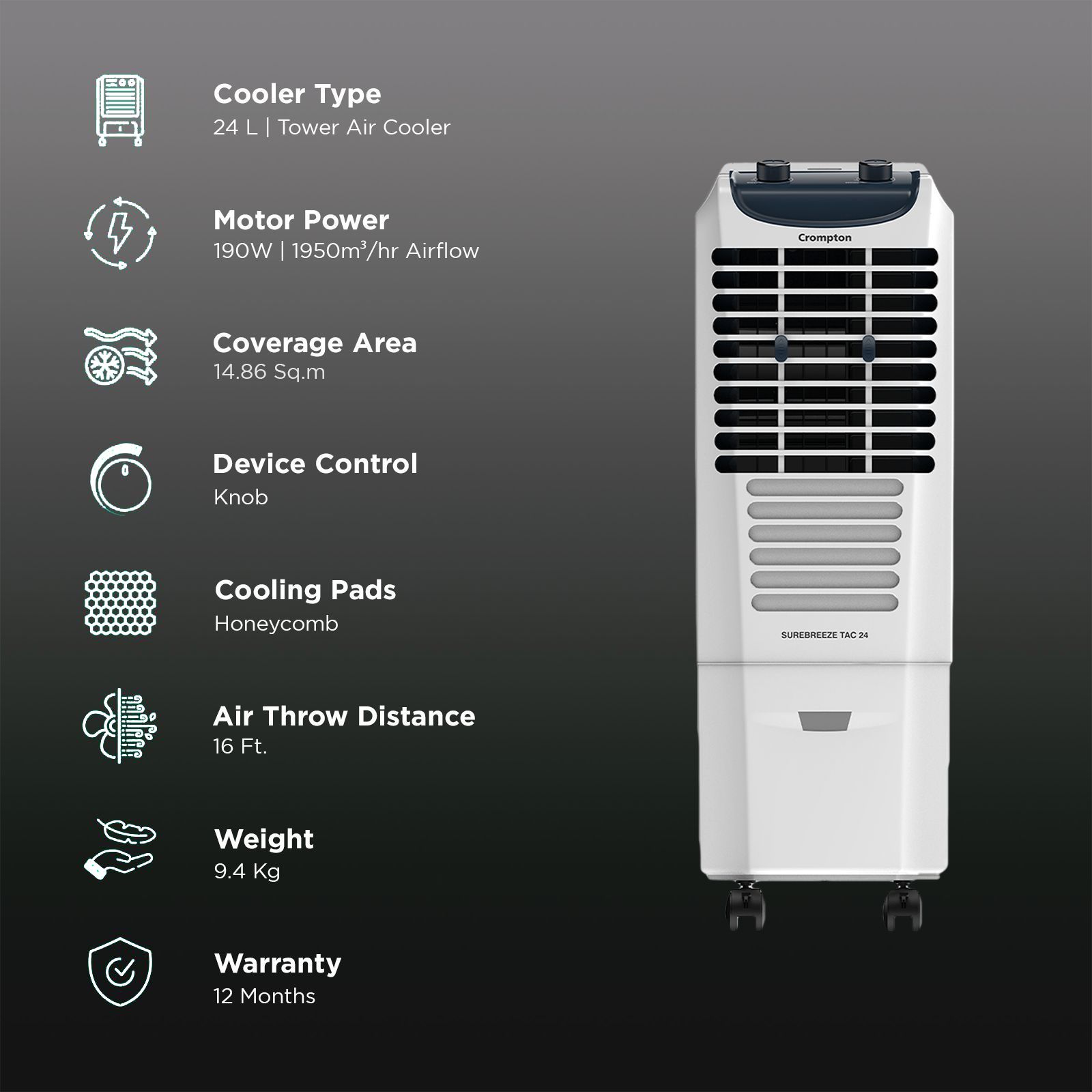 Crompton Surebreeze 24 Litres Tower Air Cooler with Overload Protection (4-Way Air Deflection, White & Black) Crompton Surebreeze 24 Litres Tower Air Cooler with Overload Protection (4-Way Air Deflection, White & Black)_3