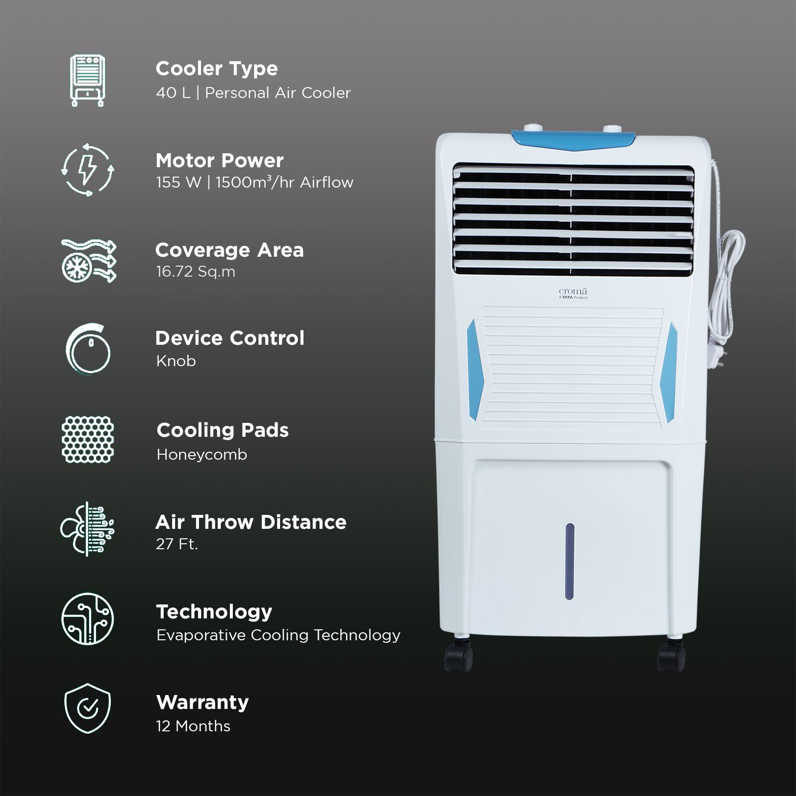 Croma 40 Litres Personal Air Cooler with Inverter Compatibility (Evaporative Cooling Technology, White) Croma 40 Litres Personal Air Cooler with Inverter Compatibility (Evaporative Cooling Technology, White)_3