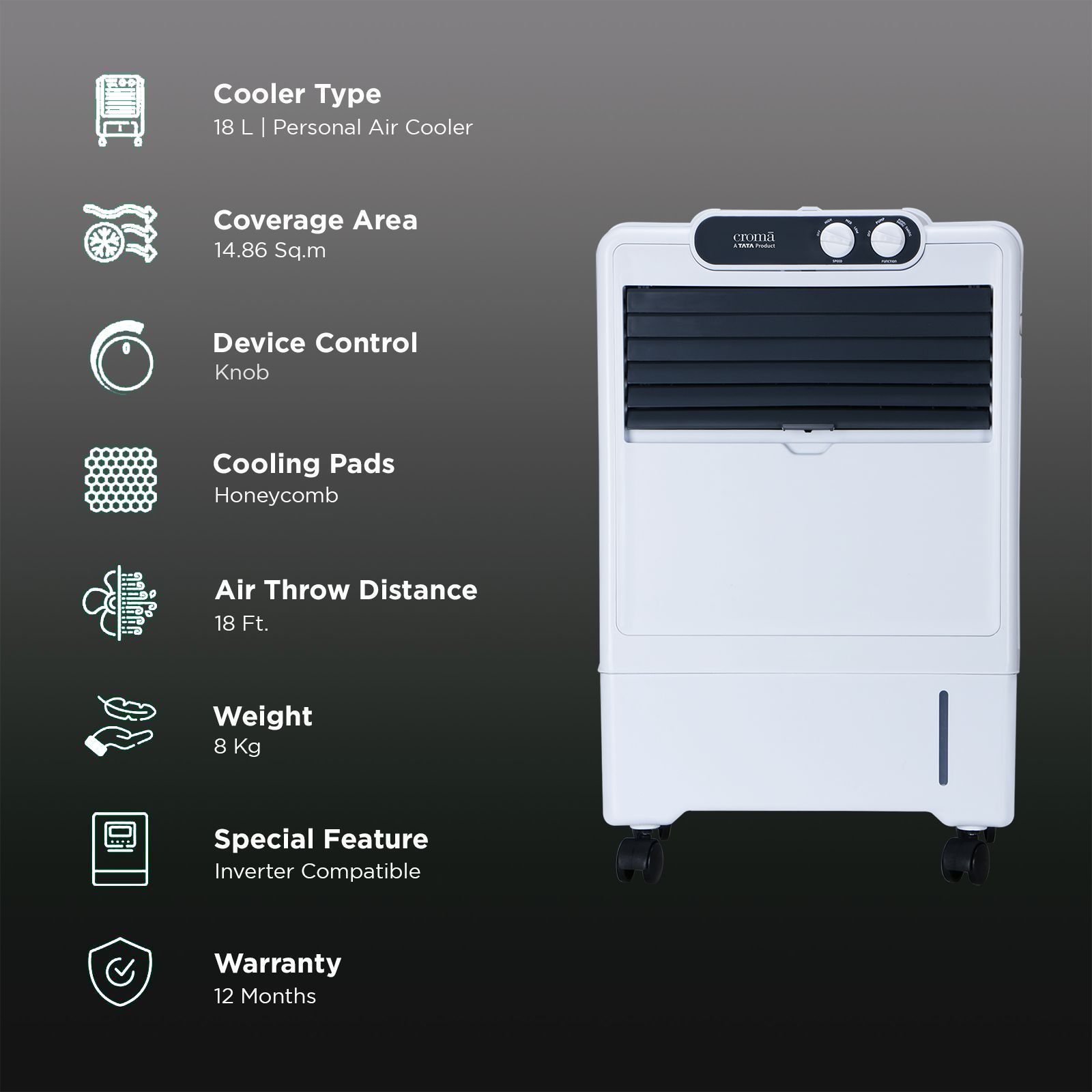 Croma 18 Litres Personal Air Cooler with Inverter Compatible (Anti Bacterial Honey Comb Pads, White)_3