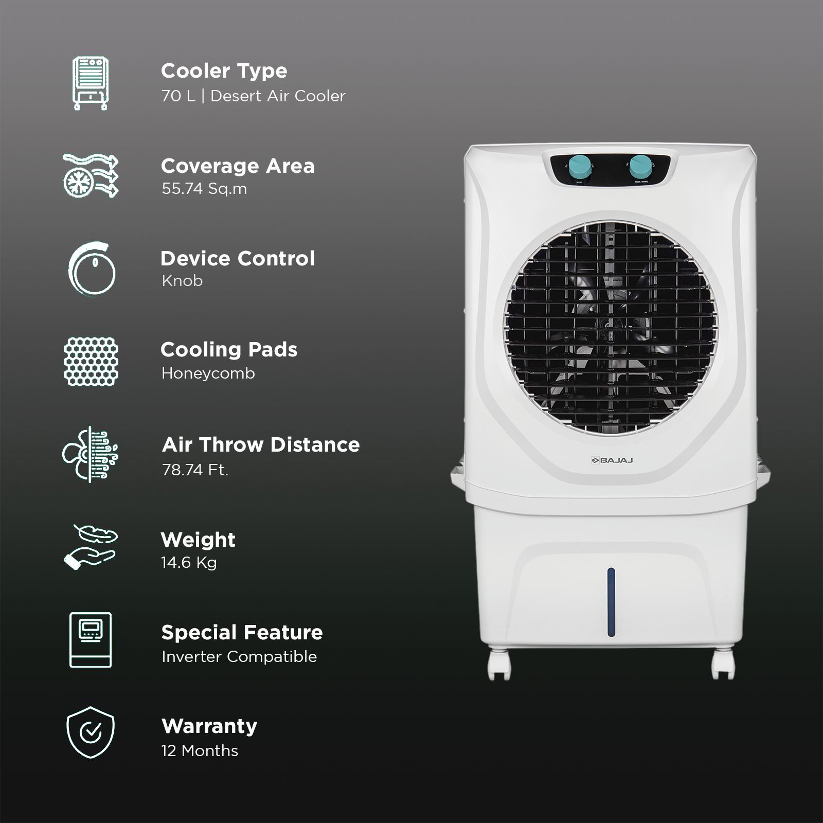 BAJAJ Shield Series 70 Litres Desert Air Cooler with Turbo Fan (DuraTuff PRO Motor, White) BAJAJ Shield Series 70 Litres Desert Air Cooler with Turbo Fan (DuraTuff PRO Motor, White)_3