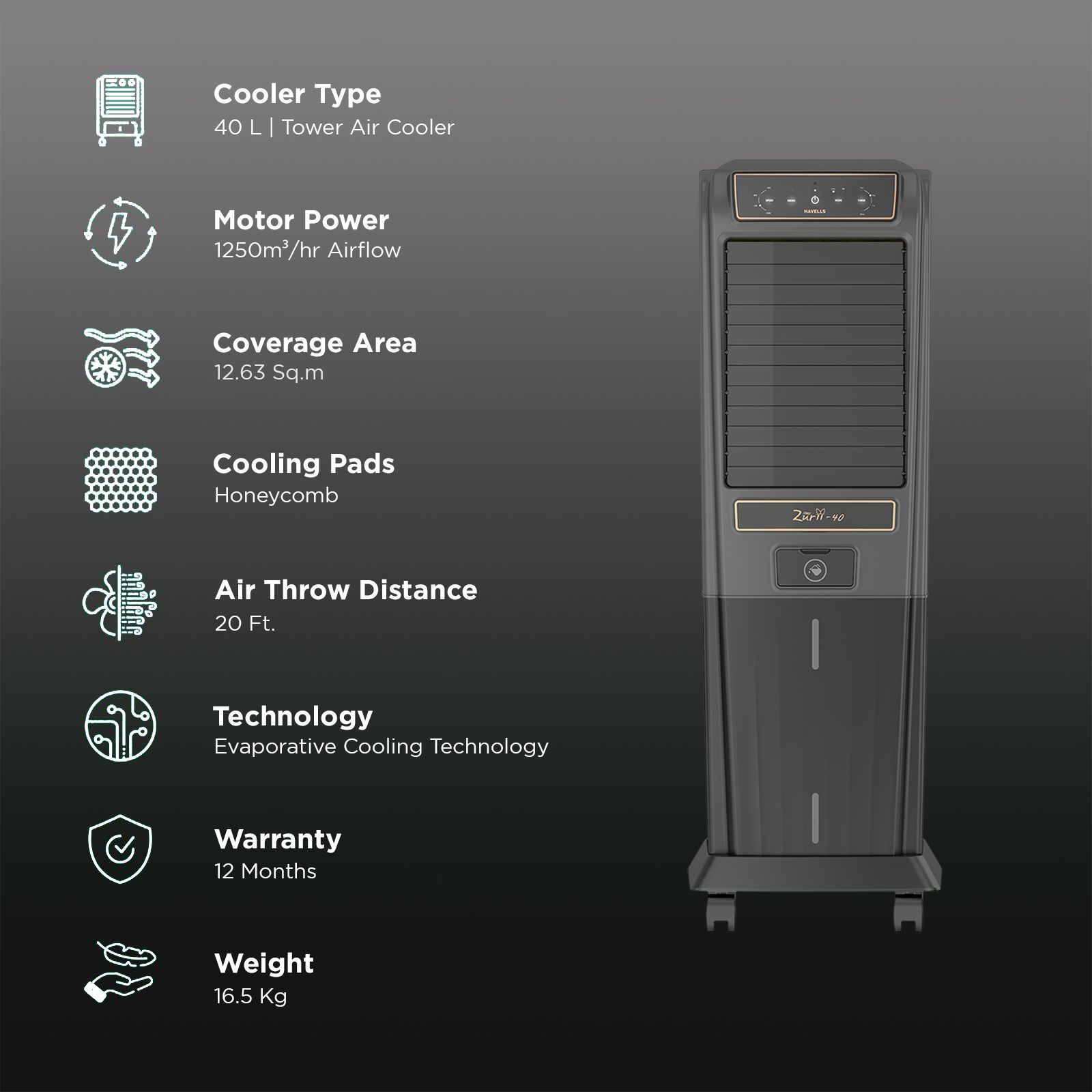 Havells Zurii 40 Litres Tower Air Cooler with Dust Filter Net (Low Water Alarm, Black & Grey) Havells Zurii 40 Litres Tower Air Cooler with Dust Filter Net (Low Water Alarm, Black & Grey)_3