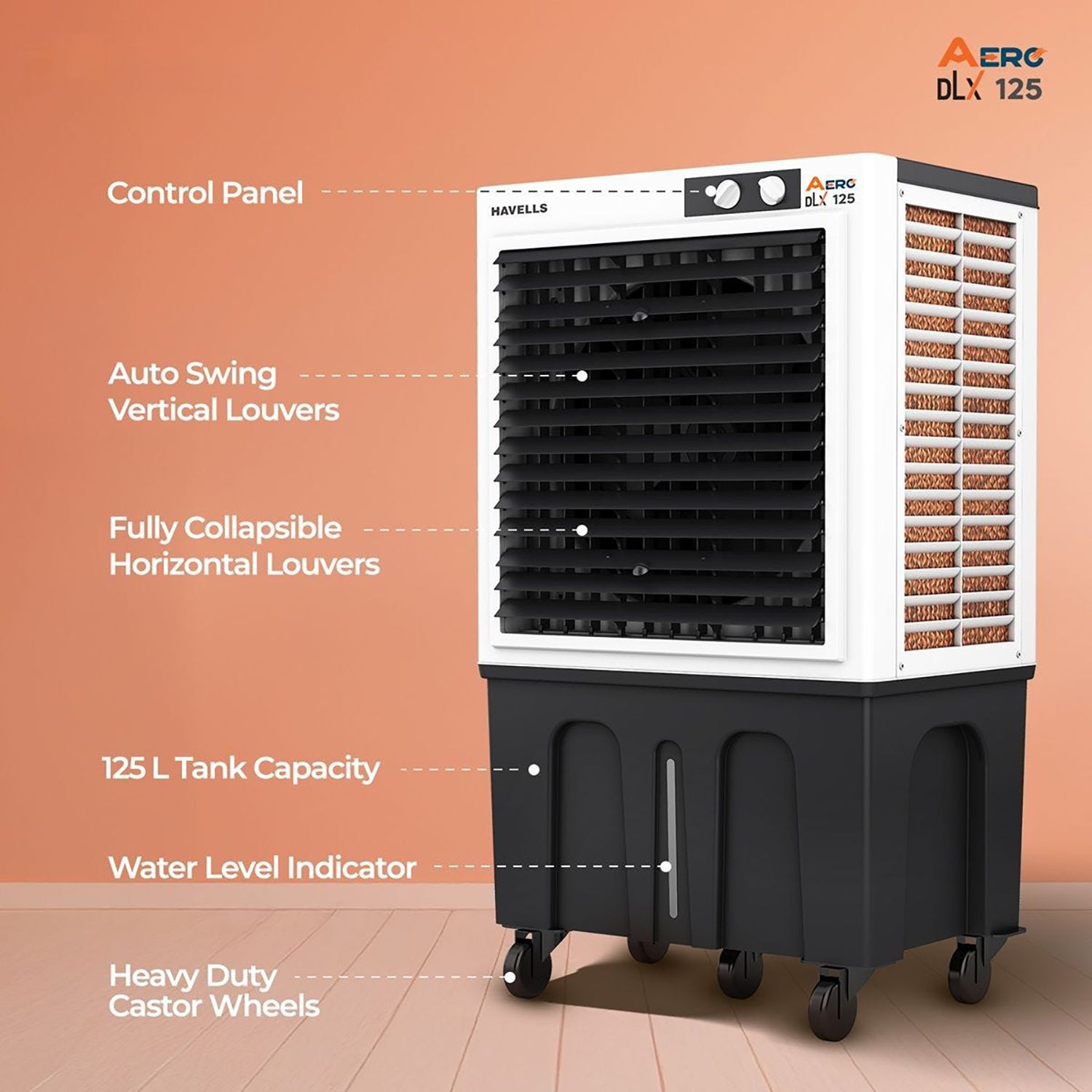 Havells Aero DLX 125 Litres Commercial Air Cooler with Fully Collapsible Louvers (Multi Directional-Castor Wheels with Brakes, White & Grey) Havells Aero DLX 125 Litres Commercial Air Cooler with Fully Collapsible Louvers (Multi Directional-Castor Wheels with Brakes, White & Grey)_9
