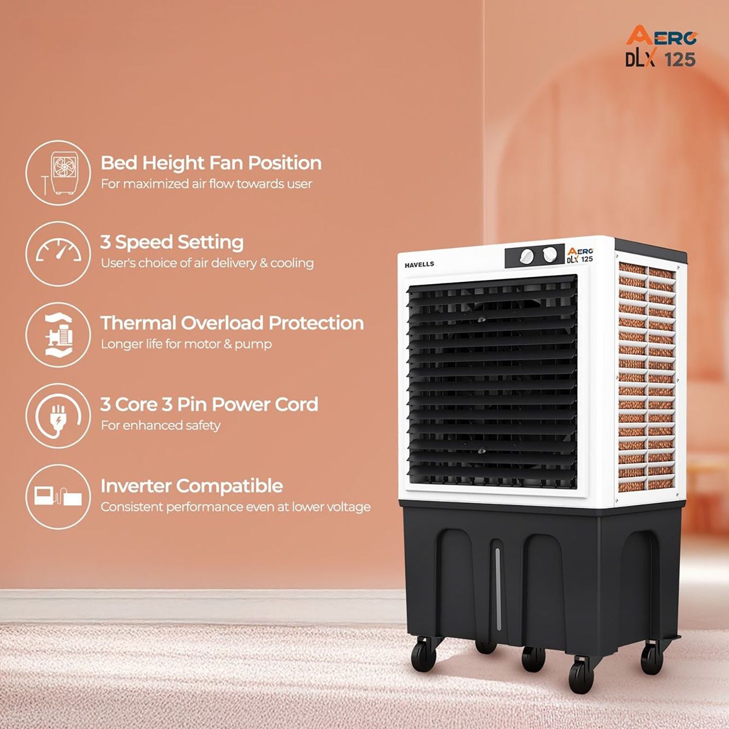 Havells Aero DLX 125 Litres Commercial Air Cooler with Fully Collapsible Louvers (Multi Directional-Castor Wheels with Brakes, White & Grey) Havells Aero DLX 125 Litres Commercial Air Cooler with Fully Collapsible Louvers (Multi Directional-Castor Wheels with Brakes, White & Grey)_12