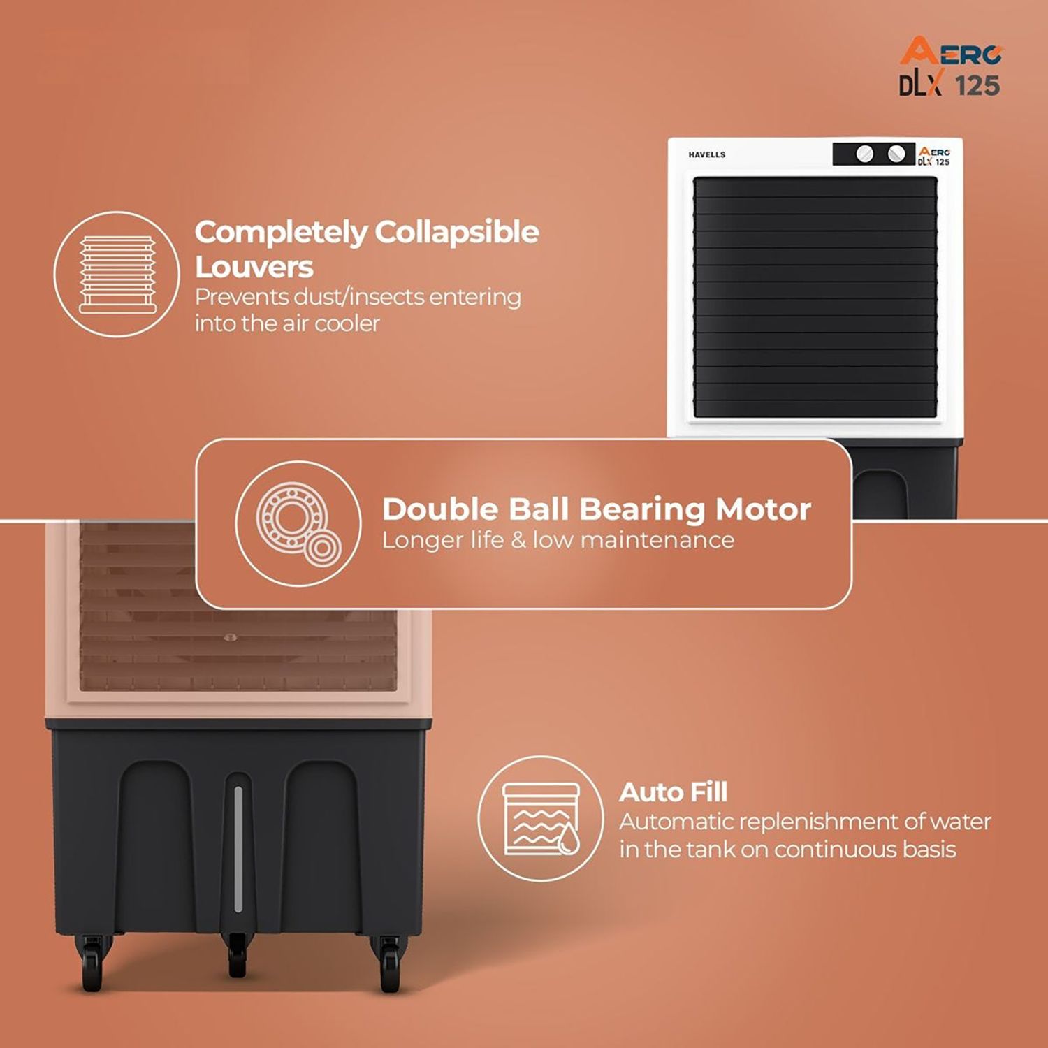 Havells Aero DLX 125 Litres Commercial Air Cooler with Fully Collapsible Louvers (Multi Directional-Castor Wheels with Brakes, White & Grey) Havells Aero DLX 125 Litres Commercial Air Cooler with Fully Collapsible Louvers (Multi Directional-Castor Wheels with Brakes, White & Grey)_13