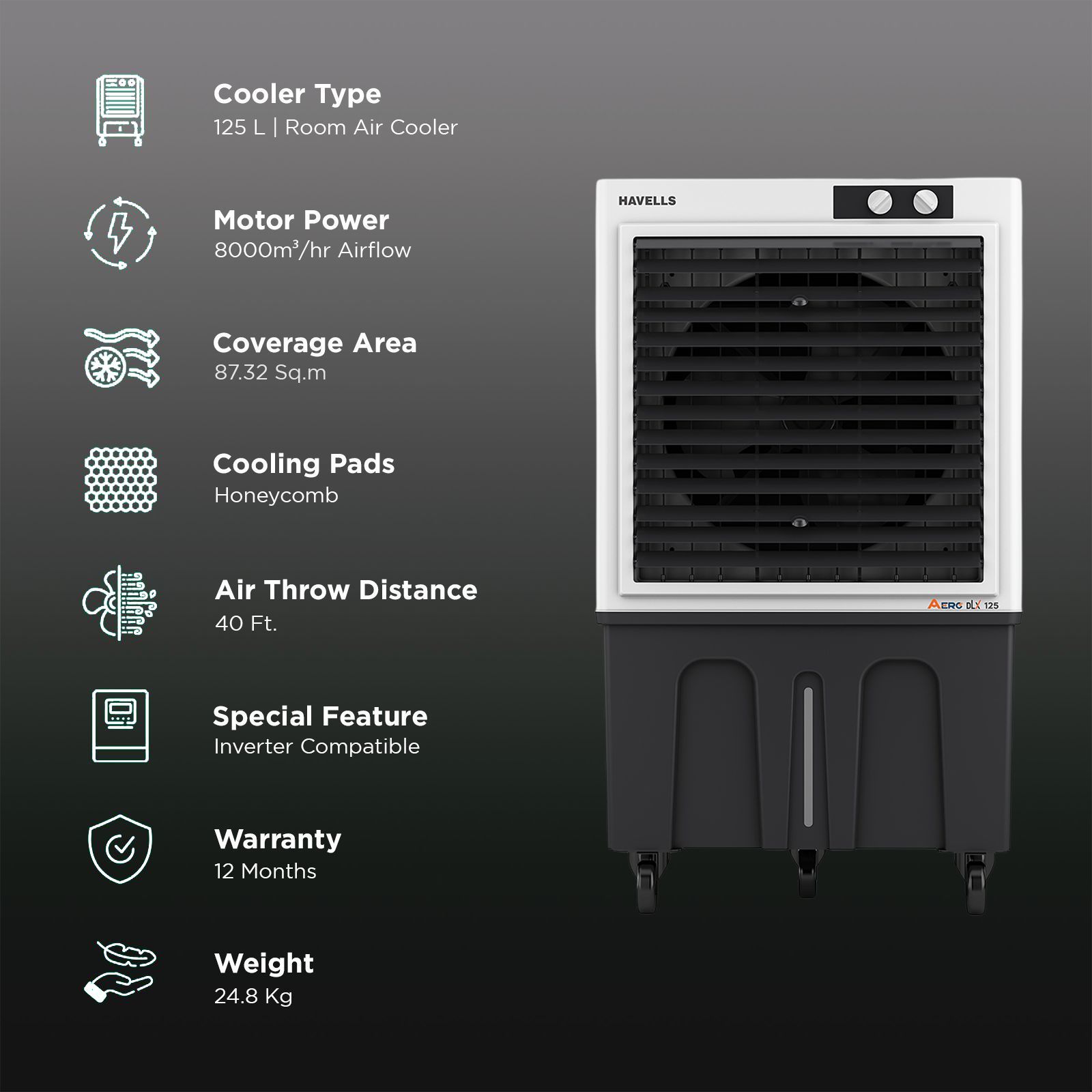 Havells Aero DLX 125 Litres Commercial Air Cooler with Fully Collapsible Louvers (Multi Directional-Castor Wheels with Brakes, White & Grey) Havells Aero DLX 125 Litres Commercial Air Cooler with Fully Collapsible Louvers (Multi Directional-Castor Wheels with Brakes, White & Grey)_3